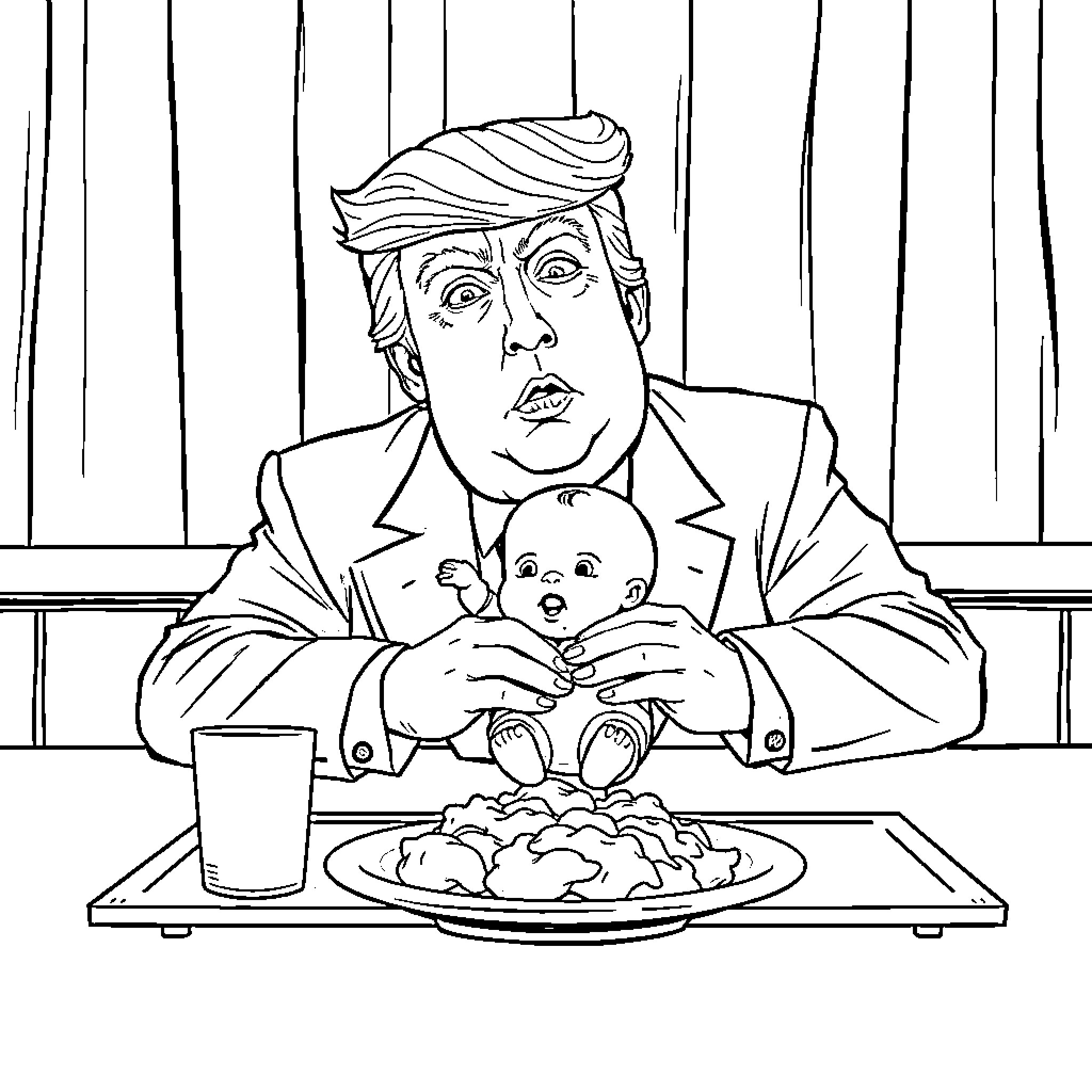 Donald Trump eating fast food with stuffed toy Coloring Page (free black-and-white line drawing printable PDF for all, from beginners to advanced learners, including children, teens, adults, and seniors)