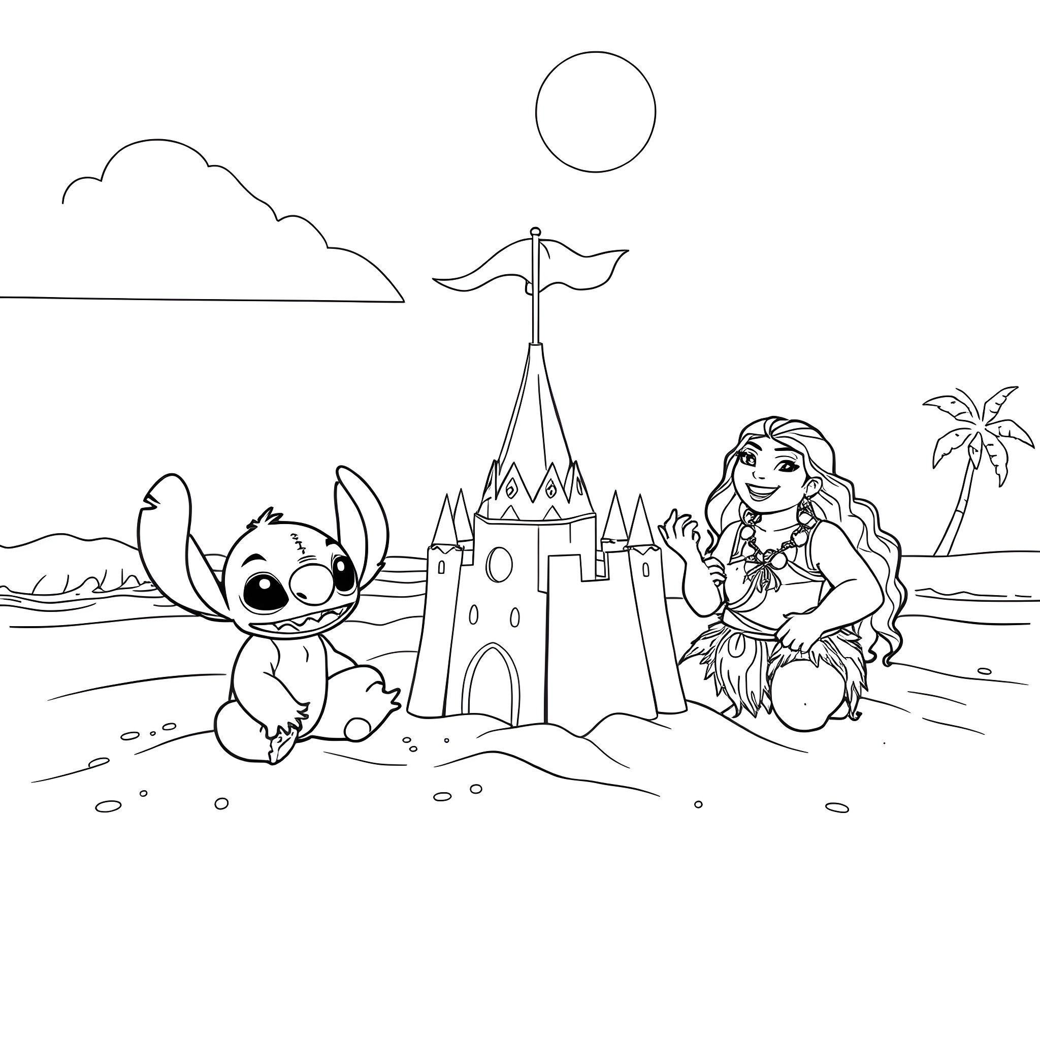 Stitch and Rapunzel building a sandcastle on the beach Coloring Page (free black-and-white line drawing printable PDF for all, from beginners to advanced learners, including children, teens, adults, and seniors)