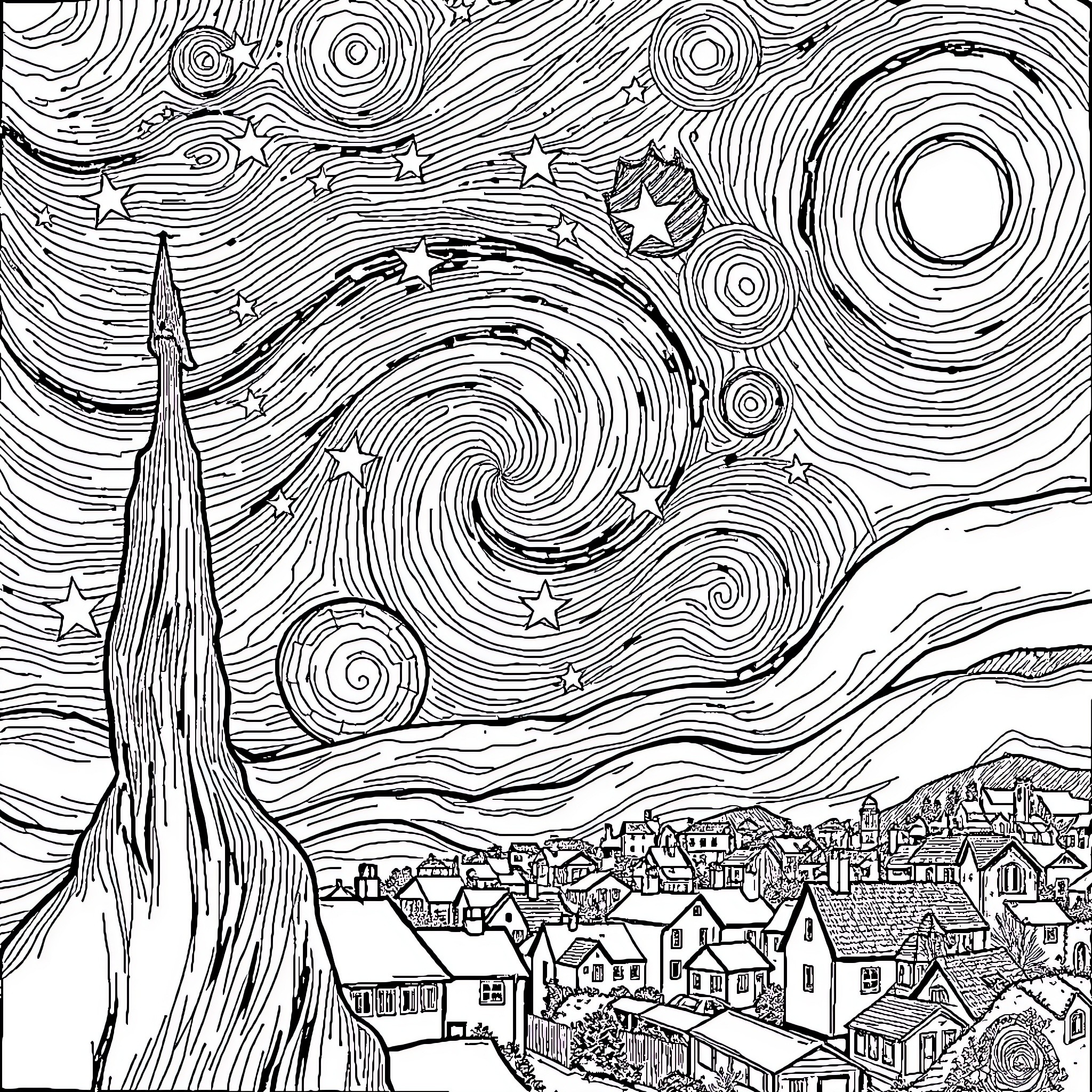 Star-Filled Swirling Night Sky Over Cityscape Coloring Page (free black-and-white line drawing printable PDF for all, from beginners to advanced learners, including children, teens, adults, and seniors)