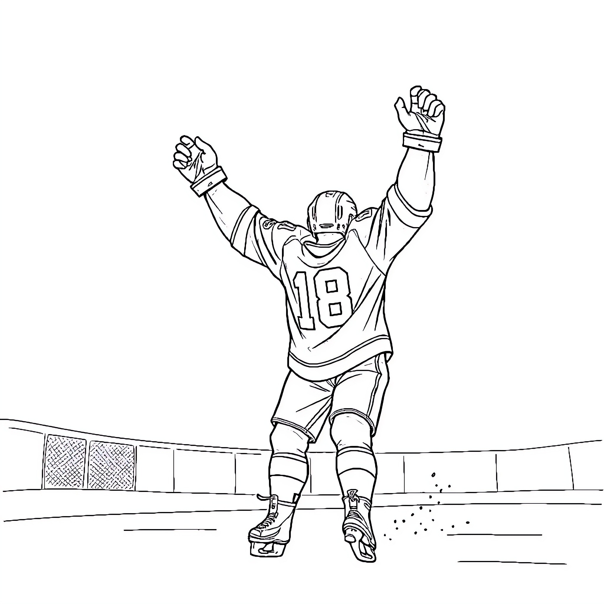 Hockey Player Celebrating Victory on Ice Rink Coloring Page (free black-and-white line drawing printable PDF for all, from beginners to advanced learners, including children, teens, adults, and seniors)