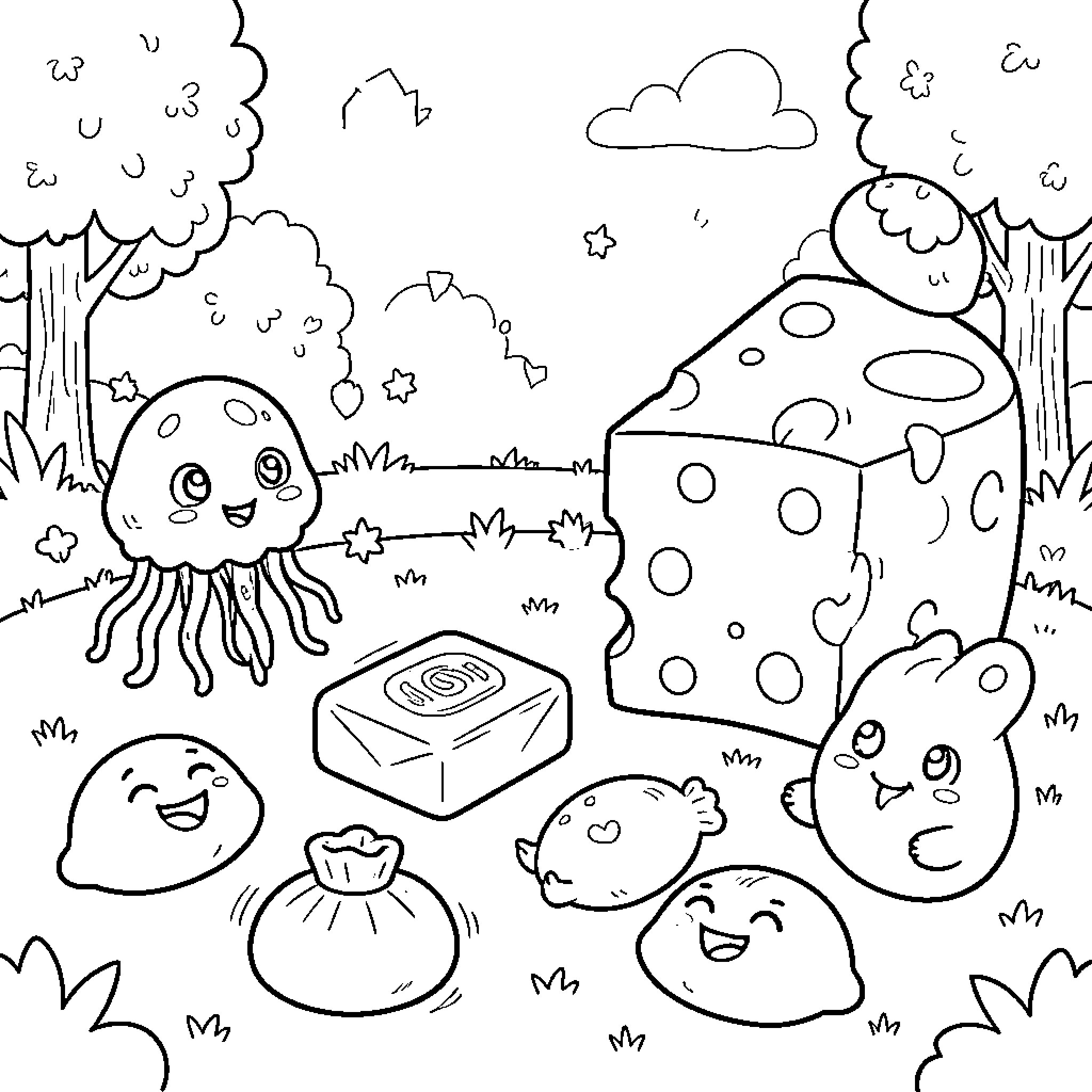 Squishy Toy characters enjoying a picnic in the park Coloring Page (free black-and-white line drawing printable PDF for all, from beginners to advanced learners, including children, teens, adults, and seniors)
