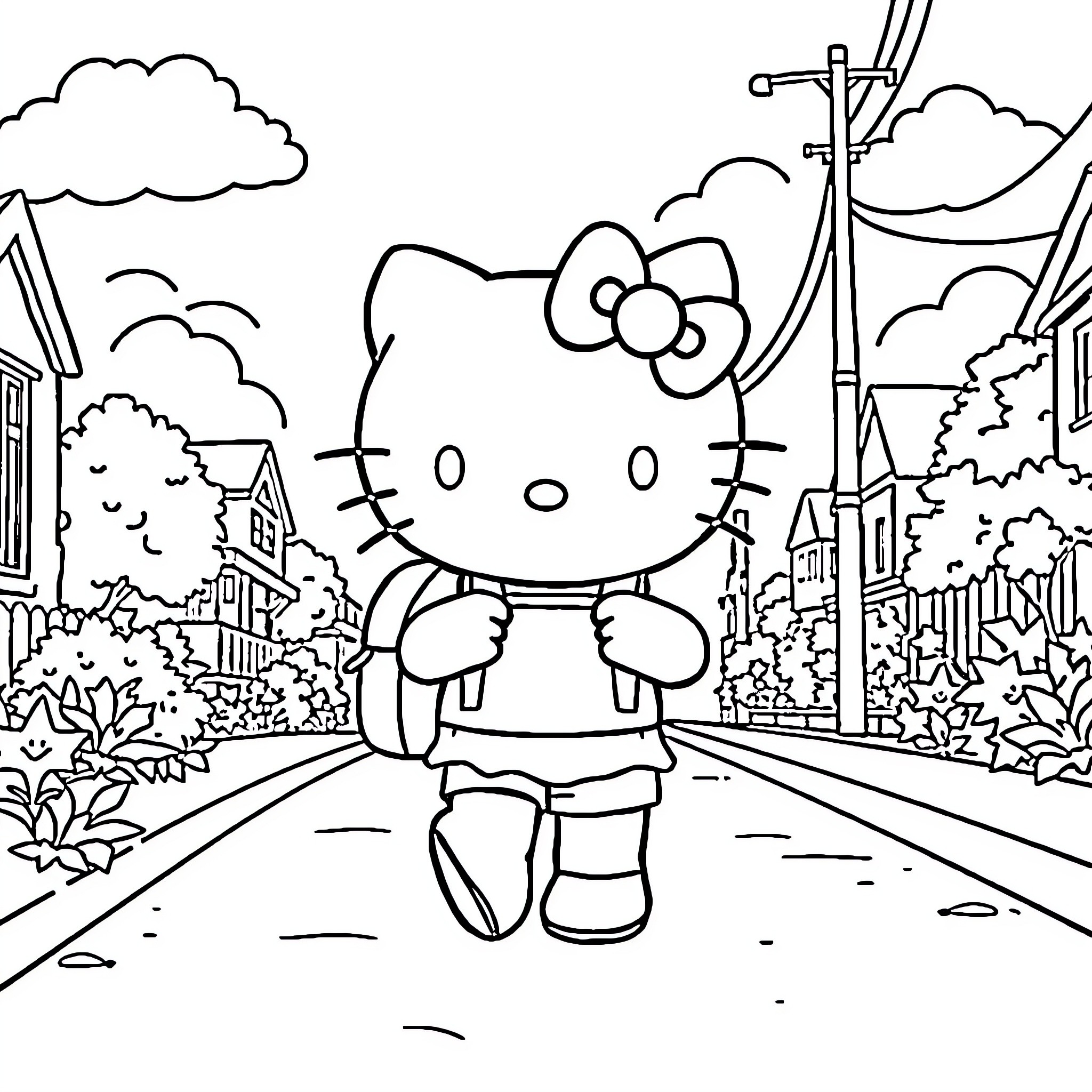 Hello Kitty walking down a scenic street Coloring Page (free black-and-white line drawing printable PDF for all, from beginners to advanced learners, including children, teens, adults, and seniors)