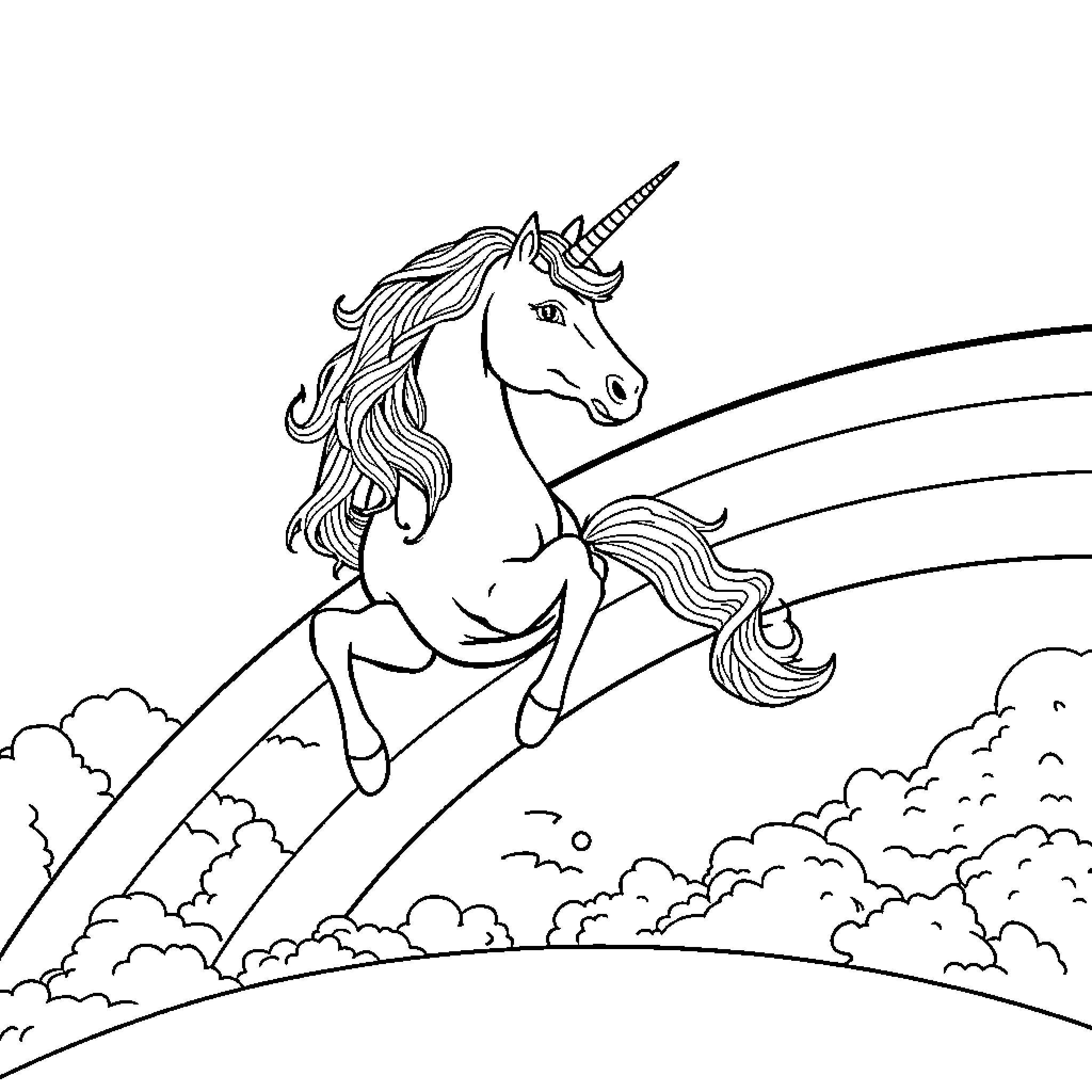 Unicorn galloping through the clouds Coloring Page (free black-and-white line drawing printable PDF for all, from beginners to advanced learners, including children, teens, adults, and seniors)