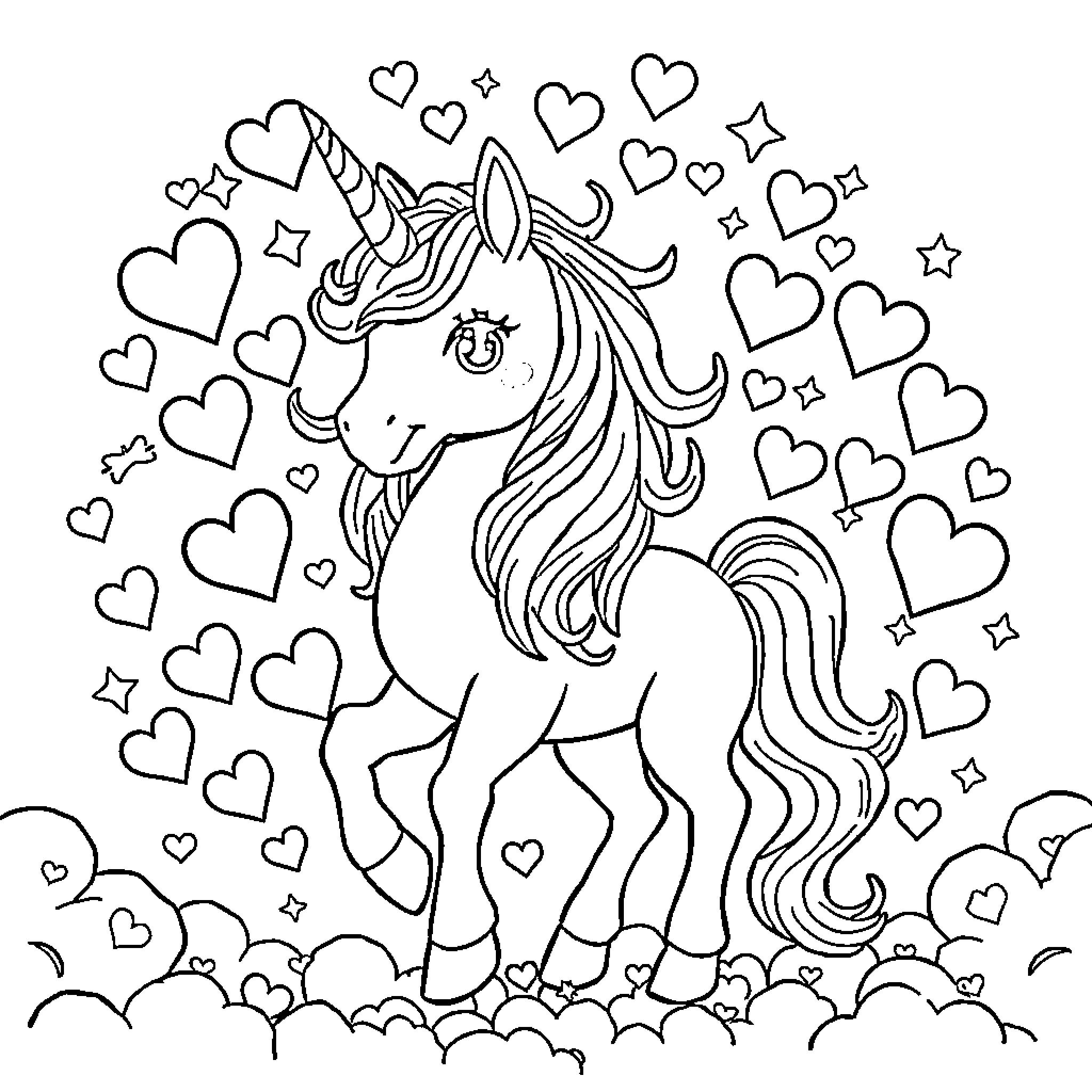 Unicorn surrounded by magical hearts and stars Coloring Page (free black-and-white line drawing printable PDF for all, from beginners to advanced learners, including children, teens, adults, and seniors)