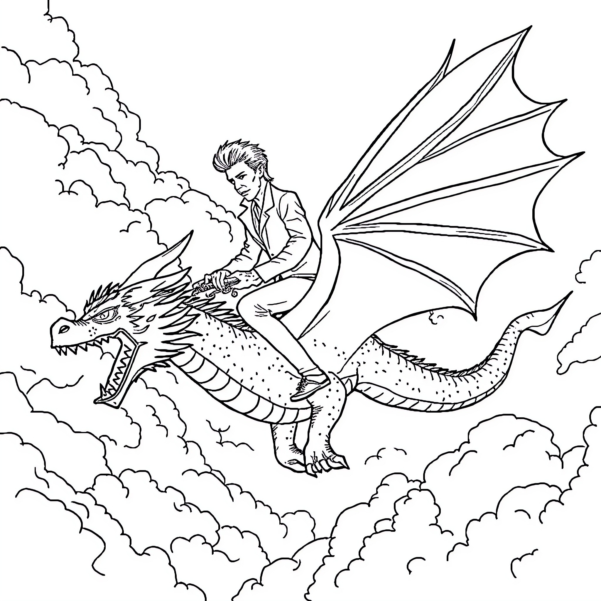 David Bowie riding a fantasy dragon through the clouds Coloring Page (free black-and-white line drawing printable PDF for all, from beginners to advanced learners, including children, teens, adults, and seniors)