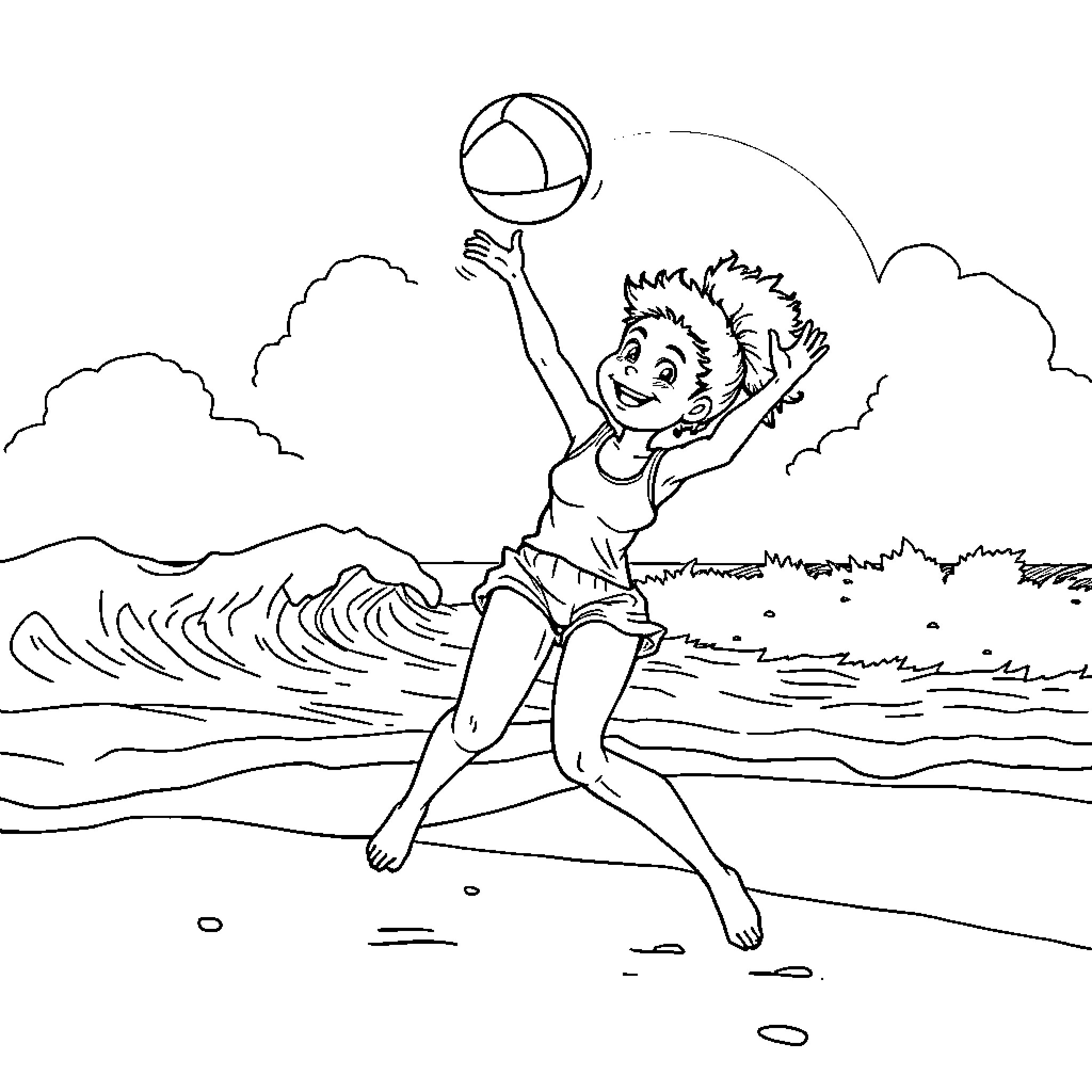 Girl playing with ball on the beach Coloring Page (free black-and-white line drawing printable PDF for all, from beginners to advanced learners, including children, teens, adults, and seniors)