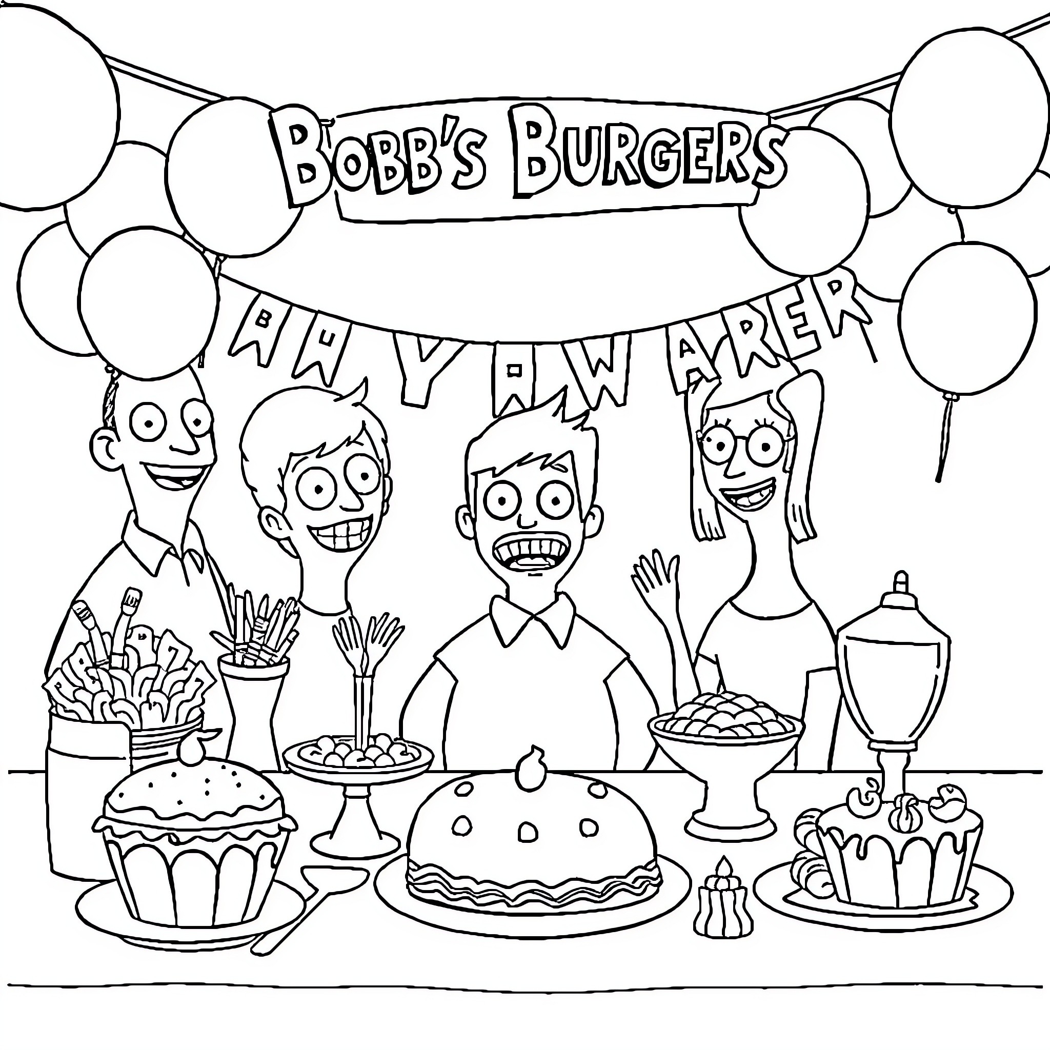 Bob's Burgers crew happily eating at the restaurant Coloring Page (free black-and-white line drawing printable PDF for all, from beginners to advanced learners, including children, teens, adults, and seniors)