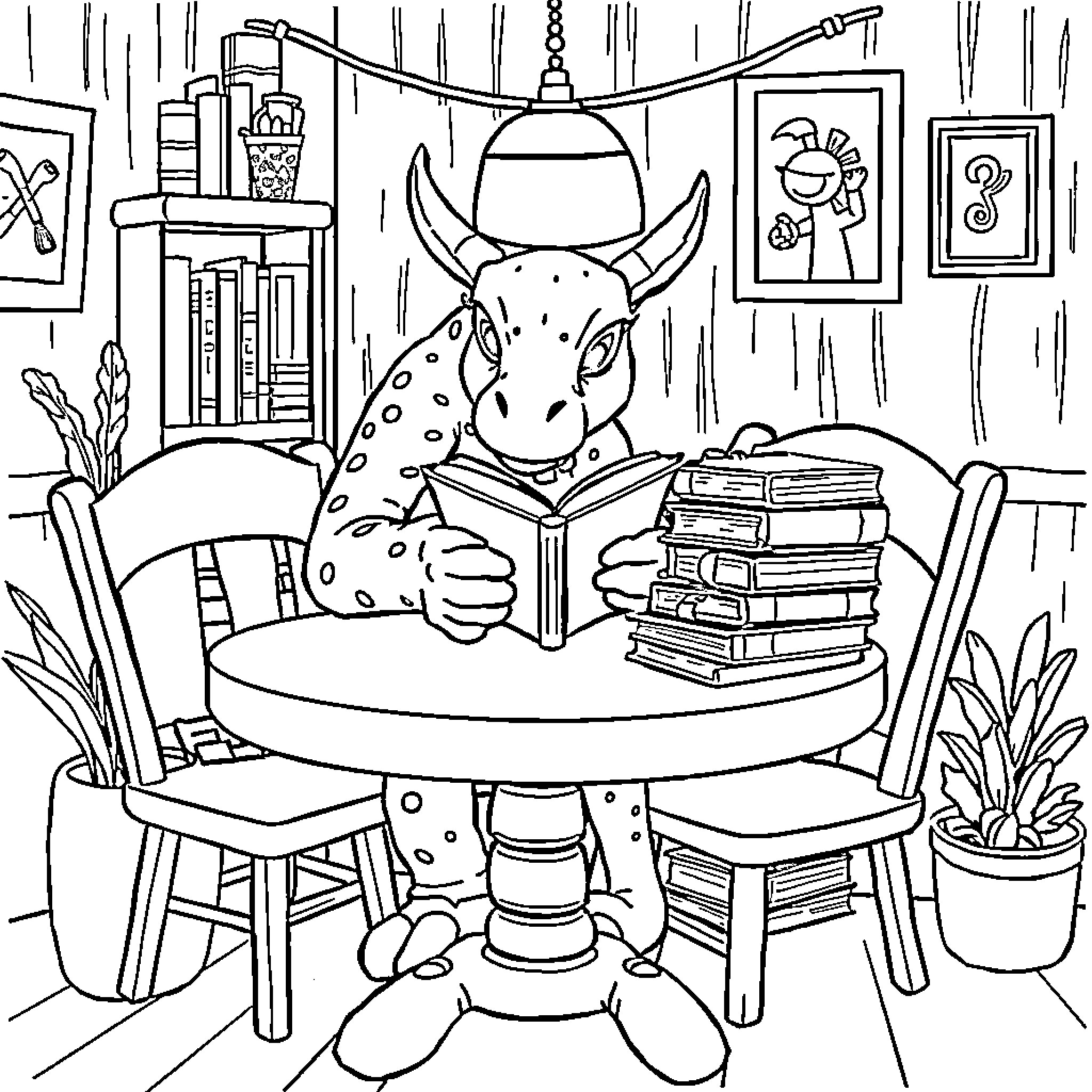 Huntrx reading books in study room Coloring Page (free black-and-white line drawing printable PDF for all, from beginners to advanced learners, including children, teens, adults, and seniors)