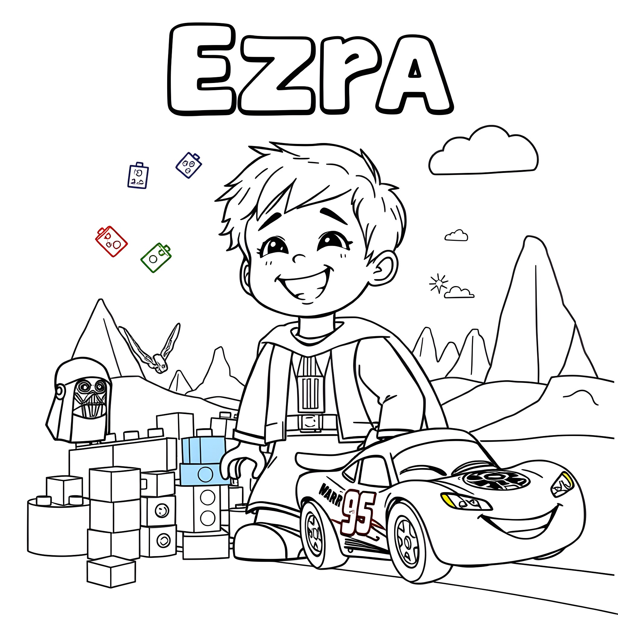 LEGO Blocks Depicting a Happy Boy with Toy Car Coloring Page (free black-and-white line drawing printable PDF for all, from beginners to advanced learners, including children, teens, adults, and seniors)