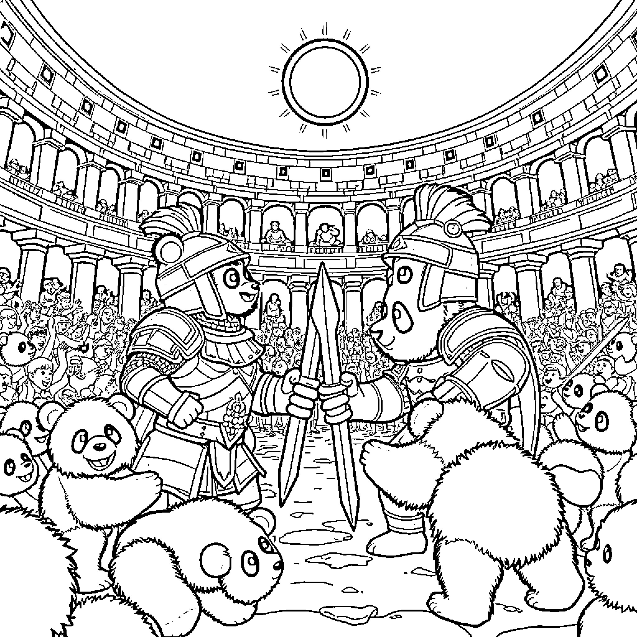 Bluey and Friends in a Magical Coliseum Coloring Page (free black-and-white line drawing printable PDF for all, from beginners to advanced learners, including children, teens, adults, and seniors)