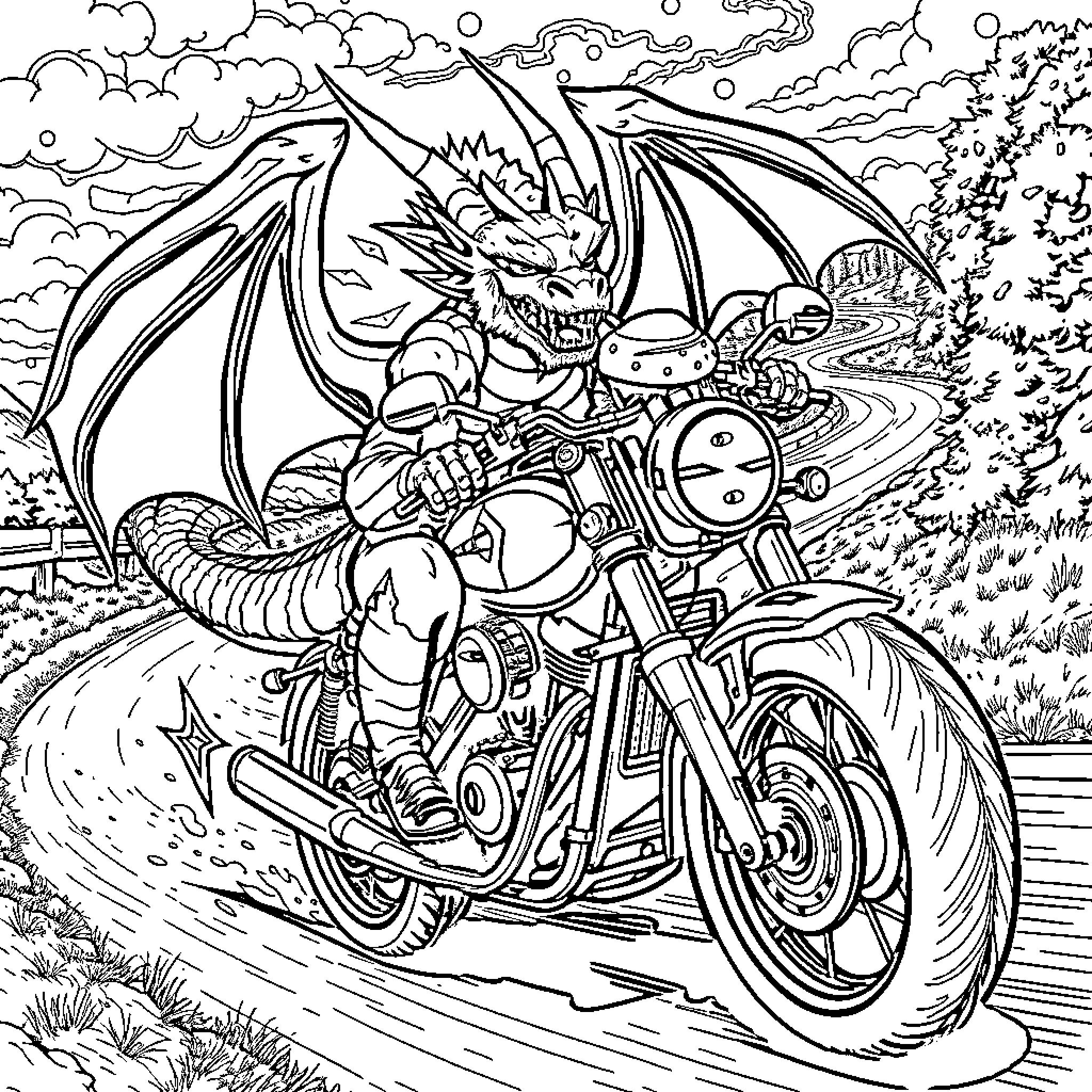 Dragon riding a fierce motorcycle in the wild Coloring Page (free black-and-white line drawing printable PDF for all, from beginners to advanced learners, including children, teens, adults, and seniors)