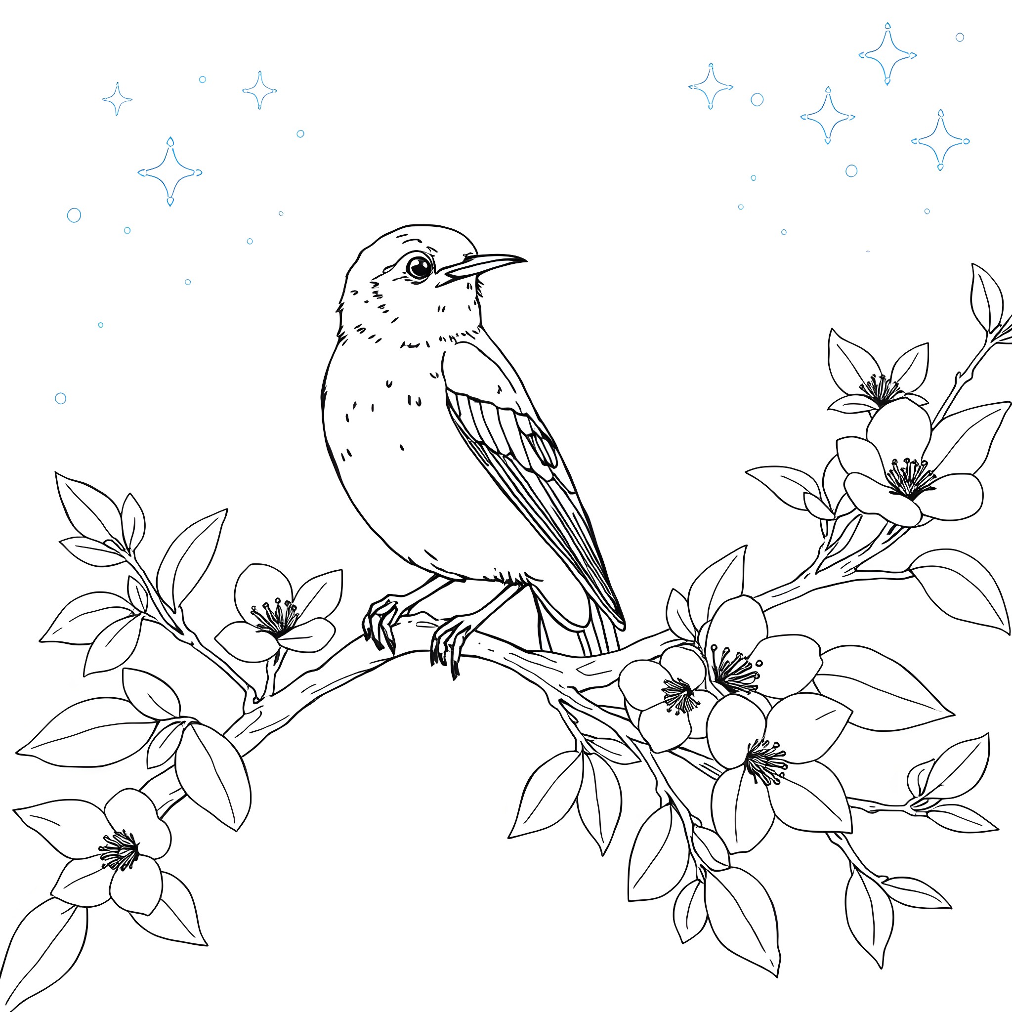 Nightingale singing amidst blooming flowers Coloring Page (free black-and-white line drawing printable PDF for all, from beginners to advanced learners, including children, teens, adults, and seniors)