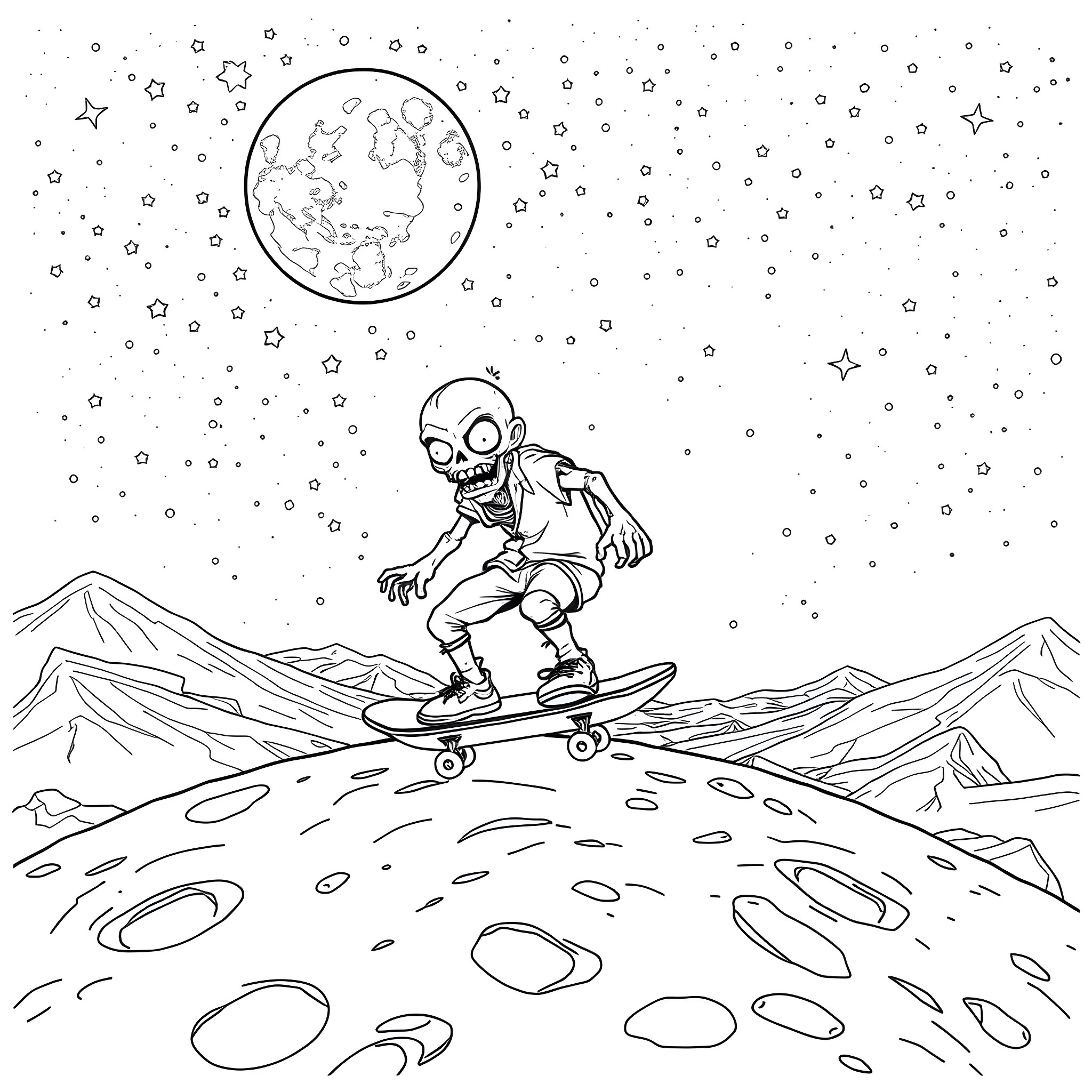 Zombie Skateboarder Navigating Lunar Landscape Coloring Page (free black-and-white line drawing printable PDF for all, from beginners to advanced learners, including children, teens, adults, and seniors)