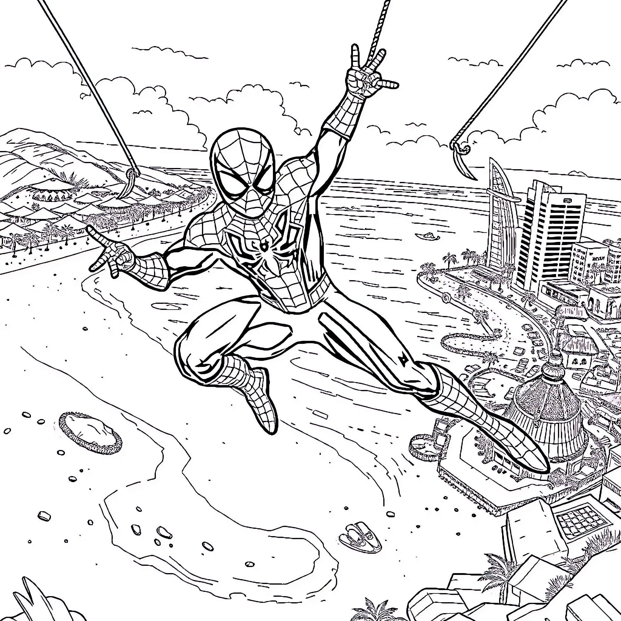 Spiderman swinging through the city skyline Coloring Page (free black-and-white line drawing printable PDF for all, from beginners to advanced learners, including children, teens, adults, and seniors)