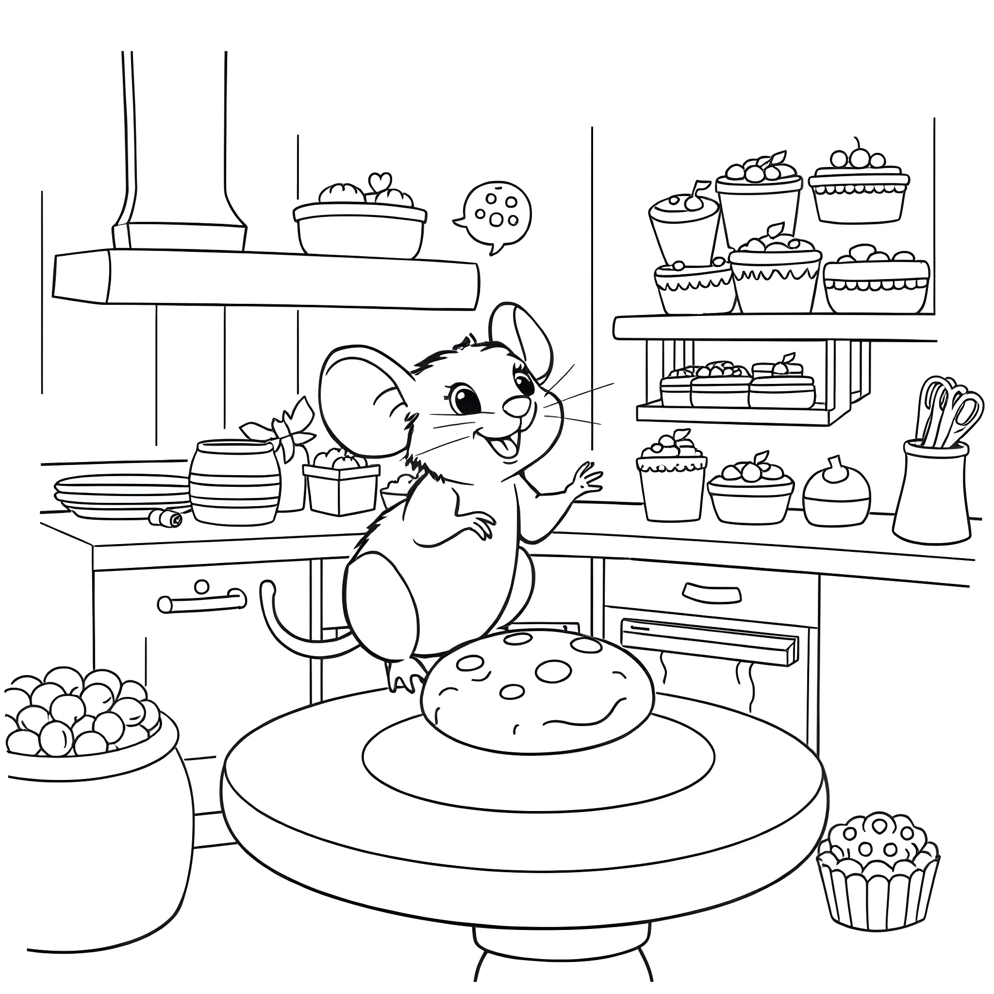 Mouse baking pastries in a kitchen Coloring Page (free black-and-white line drawing printable PDF for all, from beginners to advanced learners, including children, teens, adults, and seniors)
