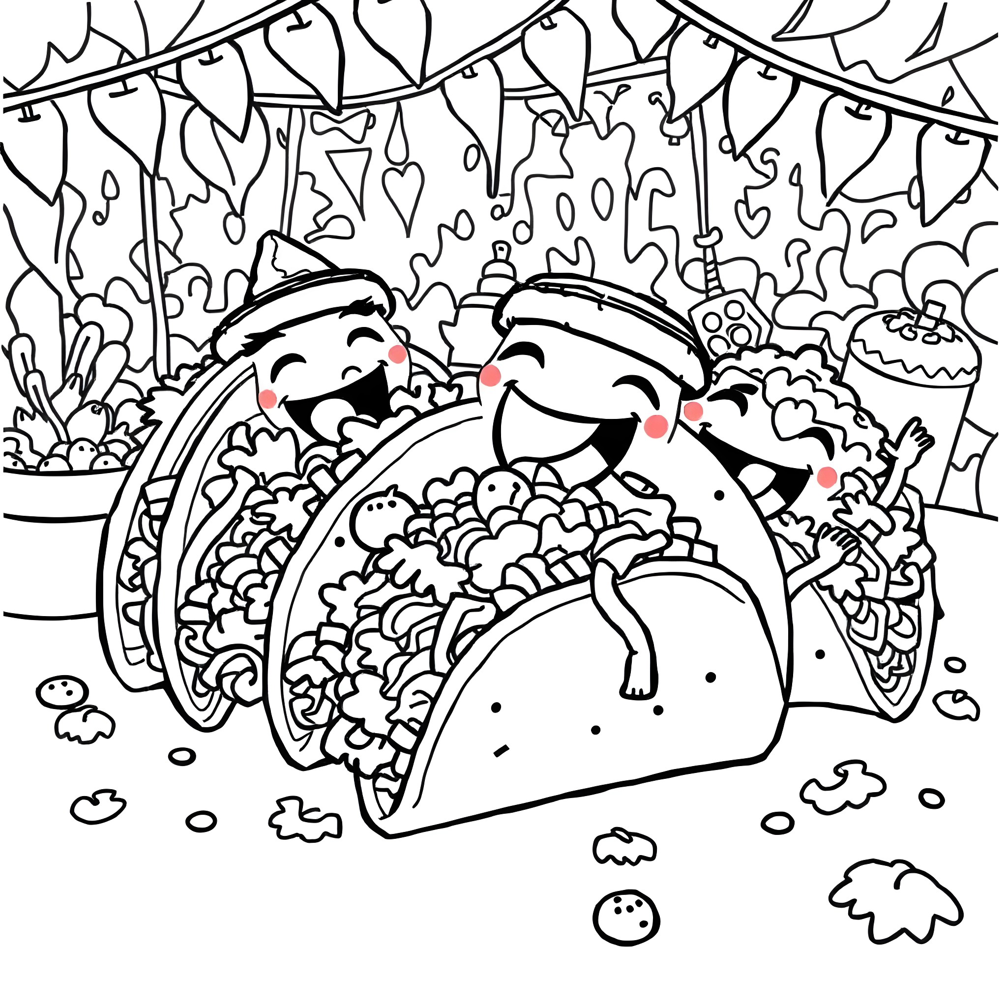Taco Party with Festive Decor Coloring Page (free black-and-white line drawing printable PDF for all, from beginners to advanced learners, including children, teens, adults, and seniors)