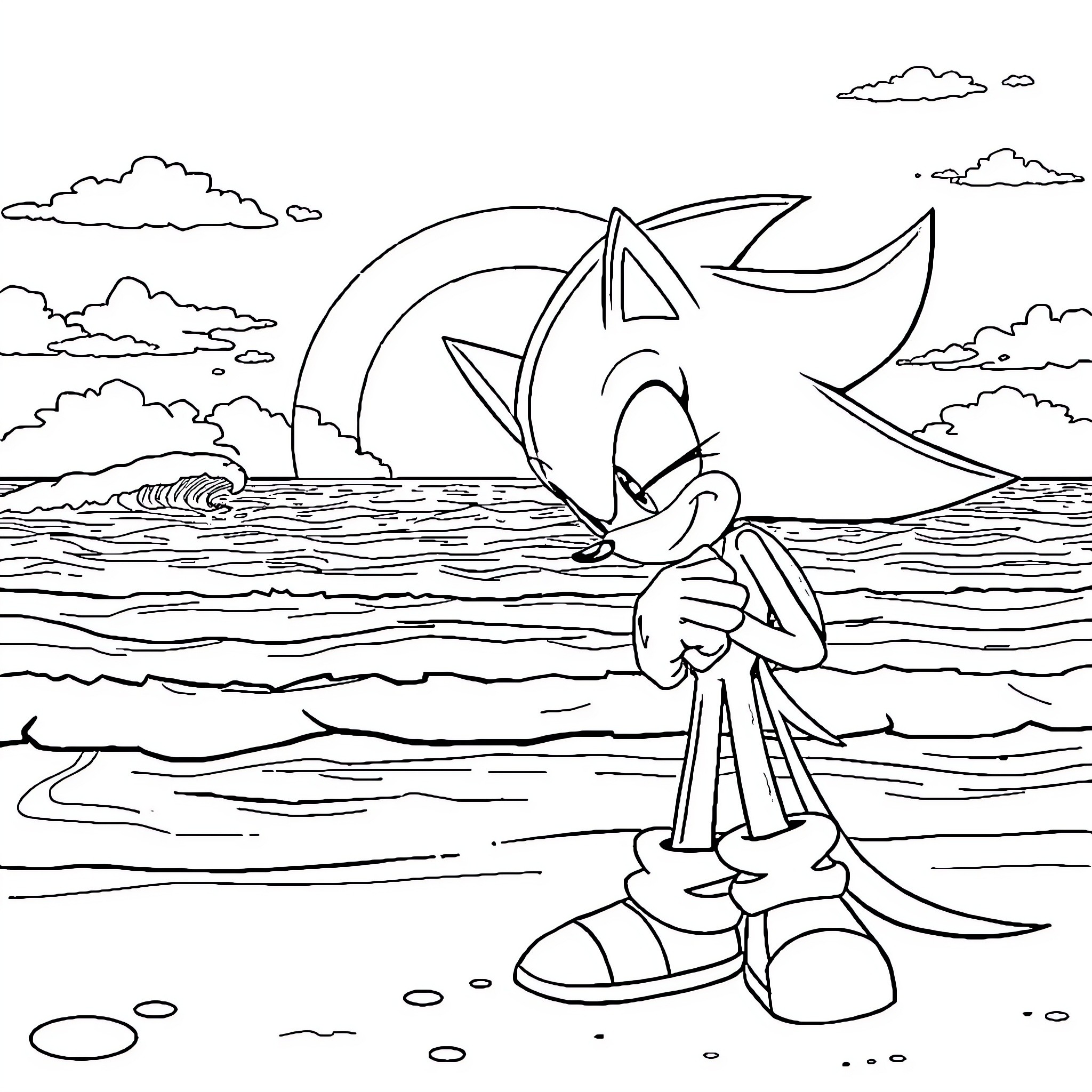 Shadow of a running character on the beach Coloring Page (free black-and-white line drawing printable PDF for all, from beginners to advanced learners, including children, teens, adults, and seniors)