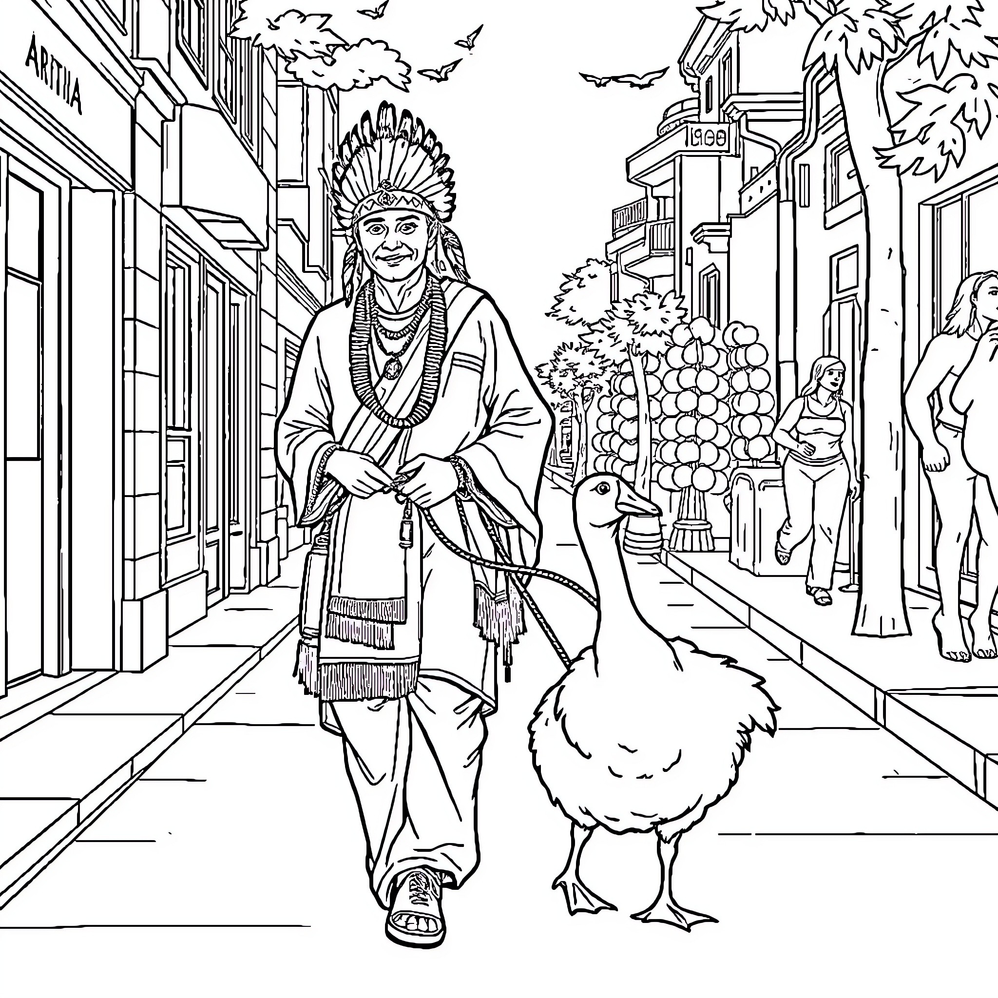 Man in traditional attire walking with animal on city street Coloring Page (free black-and-white line drawing printable PDF for all, from beginners to advanced learners, including children, teens, adults, and seniors)
