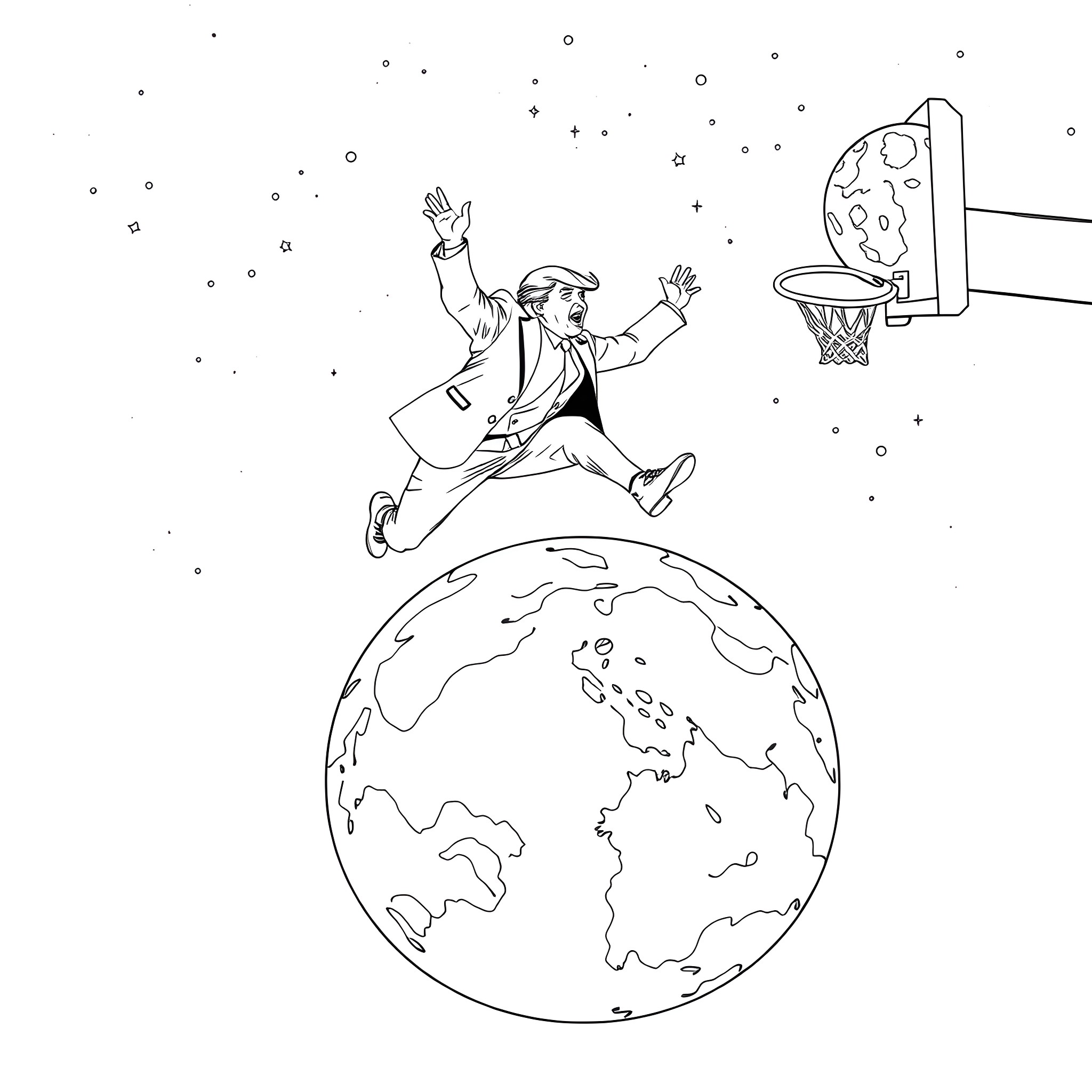 Donald Trump dunking on the planet Earth Coloring Page (free black-and-white line drawing printable PDF for all, from beginners to advanced learners, including children, teens, adults, and seniors)