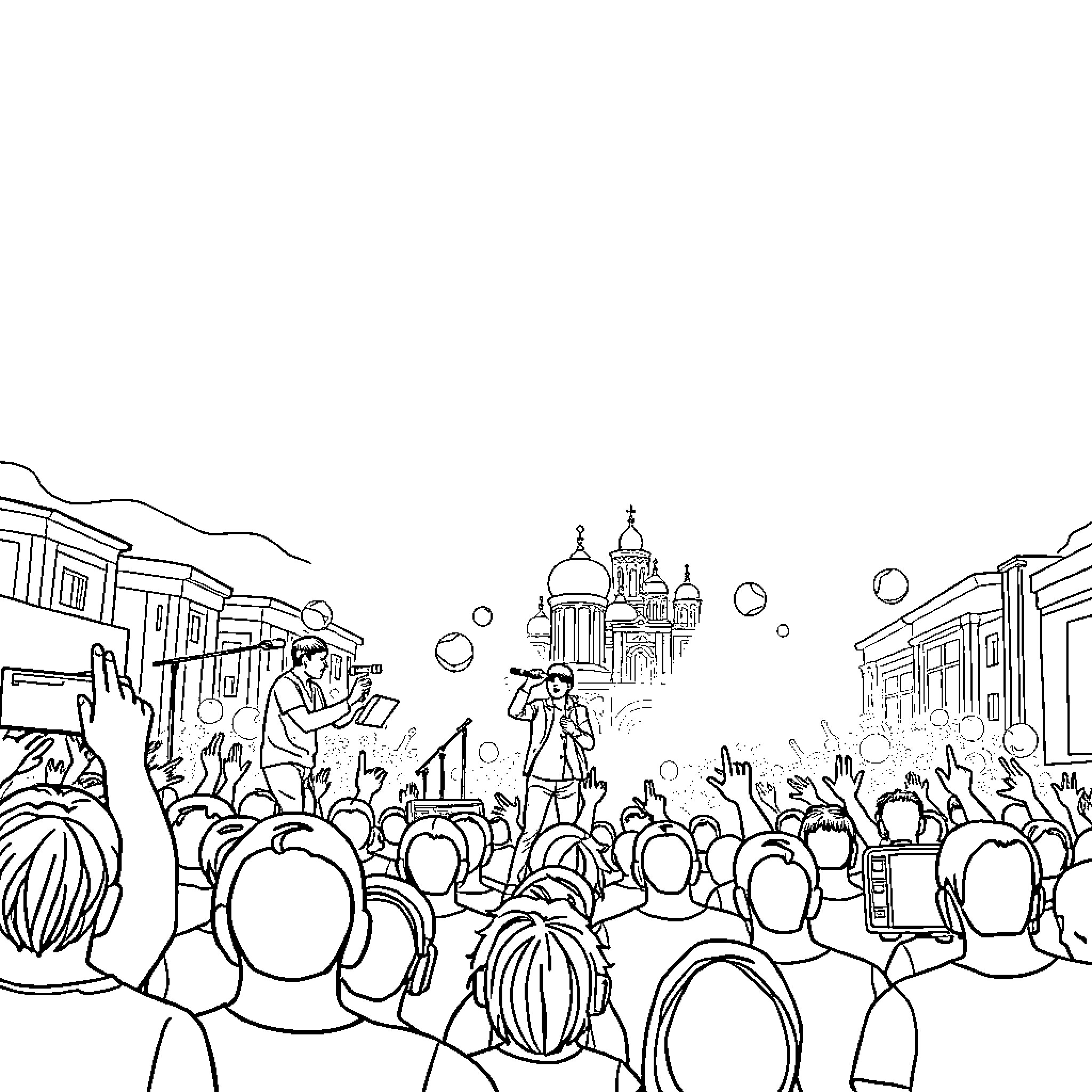 Rumi's Expressive Crowd Gathering in the City Coloring Page (free black-and-white line drawing printable PDF for all, from beginners to advanced learners, including children, teens, adults, and seniors)