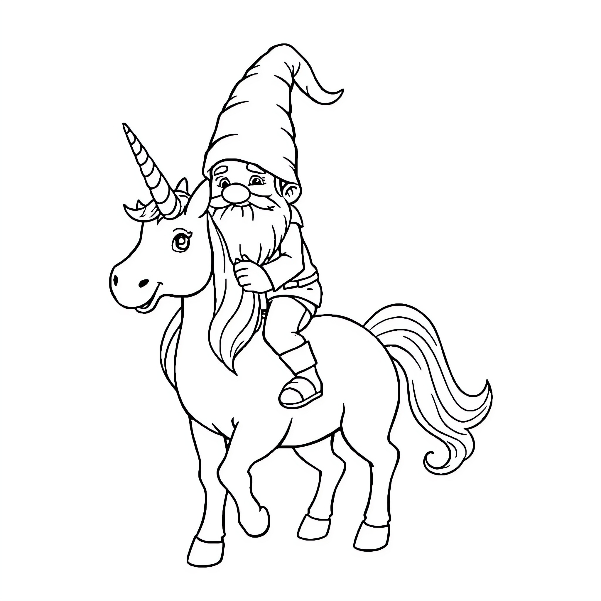 Gnome riding a magical unicorn Coloring Page (free black-and-white line drawing printable PDF for all, from beginners to advanced learners, including children, teens, adults, and seniors)