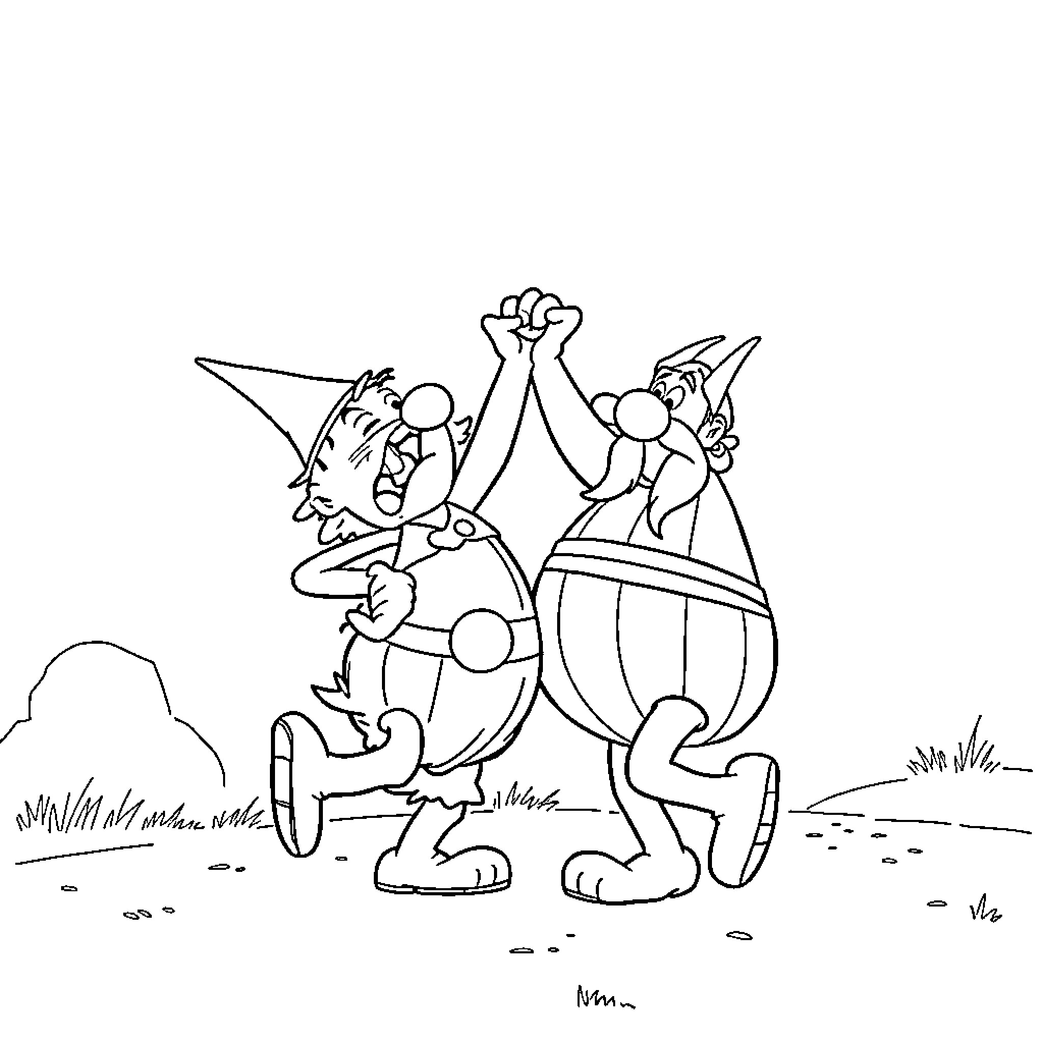 Asterix and Obelix engaged in playful wrestling Coloring Page (free black-and-white line drawing printable PDF for all, from beginners to advanced learners, including children, teens, adults, and seniors)