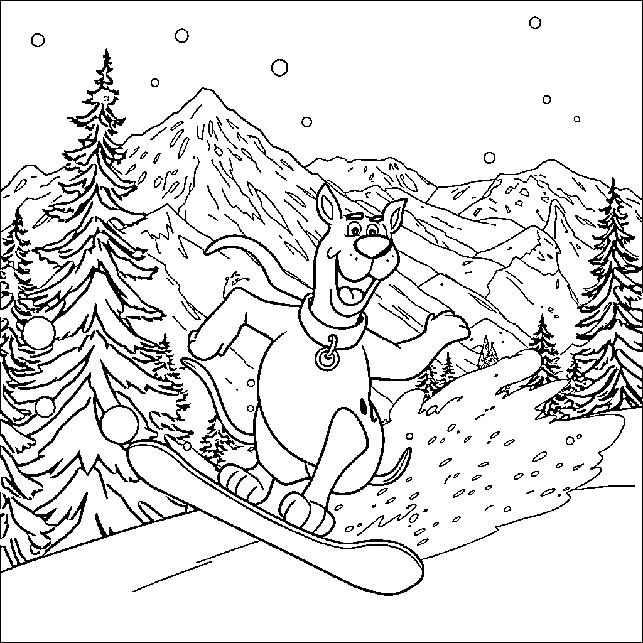 Scooby Do Skiing Down Snowy Mountain Slope Coloring Page (free black-and-white line drawing printable PDF for all, from beginners to advanced learners, including children, teens, adults, and seniors)