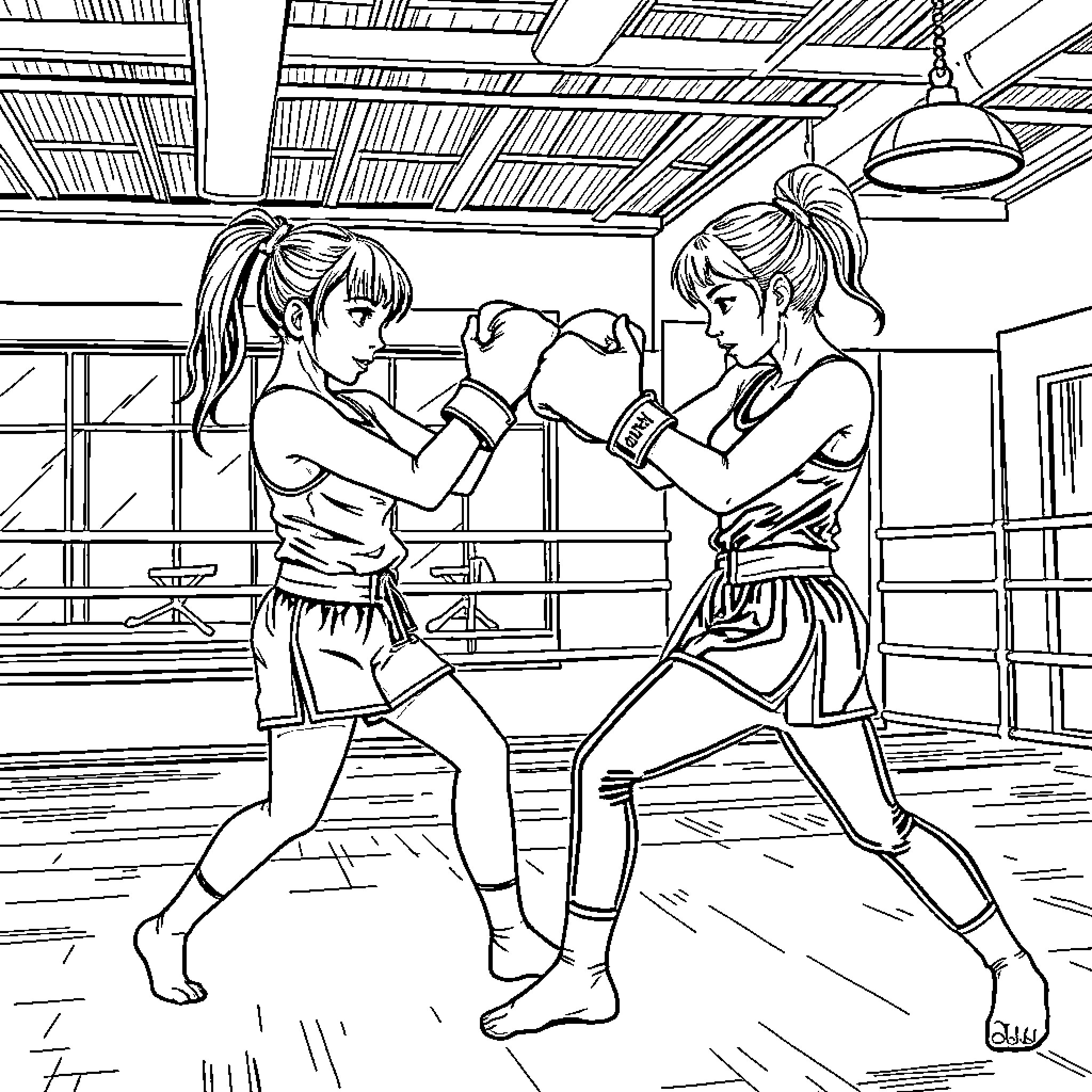 Girls Training and Sparring in Martial Arts Gym Coloring Page (free black-and-white line drawing printable PDF for all, from beginners to advanced learners, including children, teens, adults, and seniors)