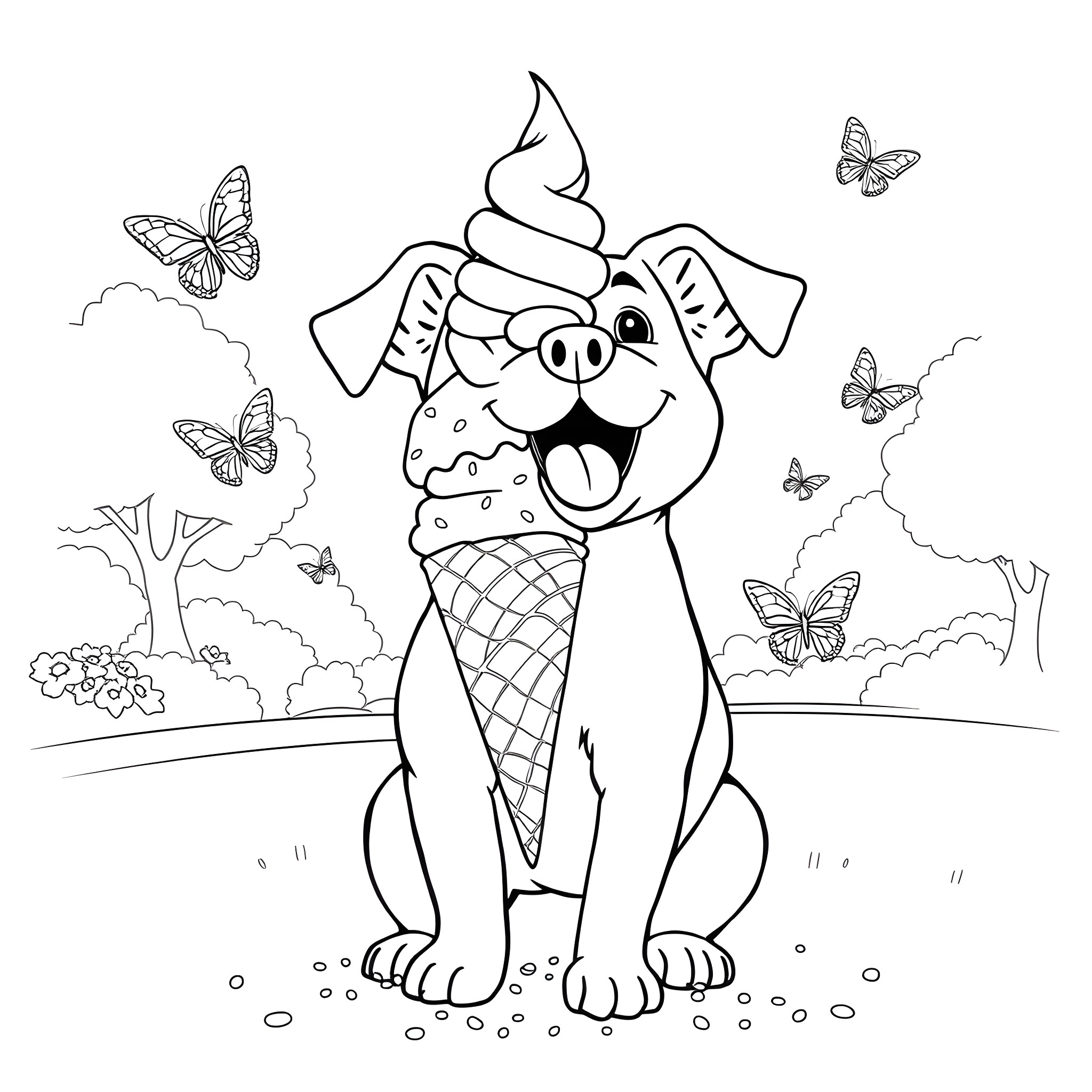 Dog enjoying an ice cream treat outdoors Coloring Page (free black-and-white line drawing printable PDF for all, from beginners to advanced learners, including children, teens, adults, and seniors)