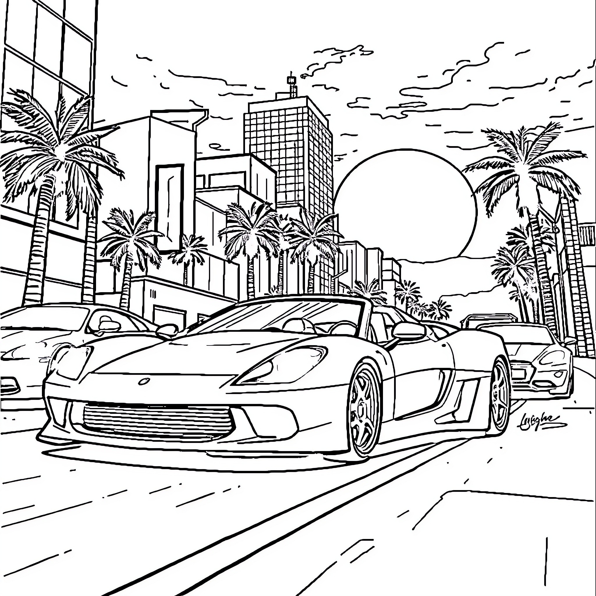 GTA Supercar Chase in Tropical Cityscape Coloring Page (free black-and-white line drawing printable PDF for all, from beginners to advanced learners, including children, teens, adults, and seniors)