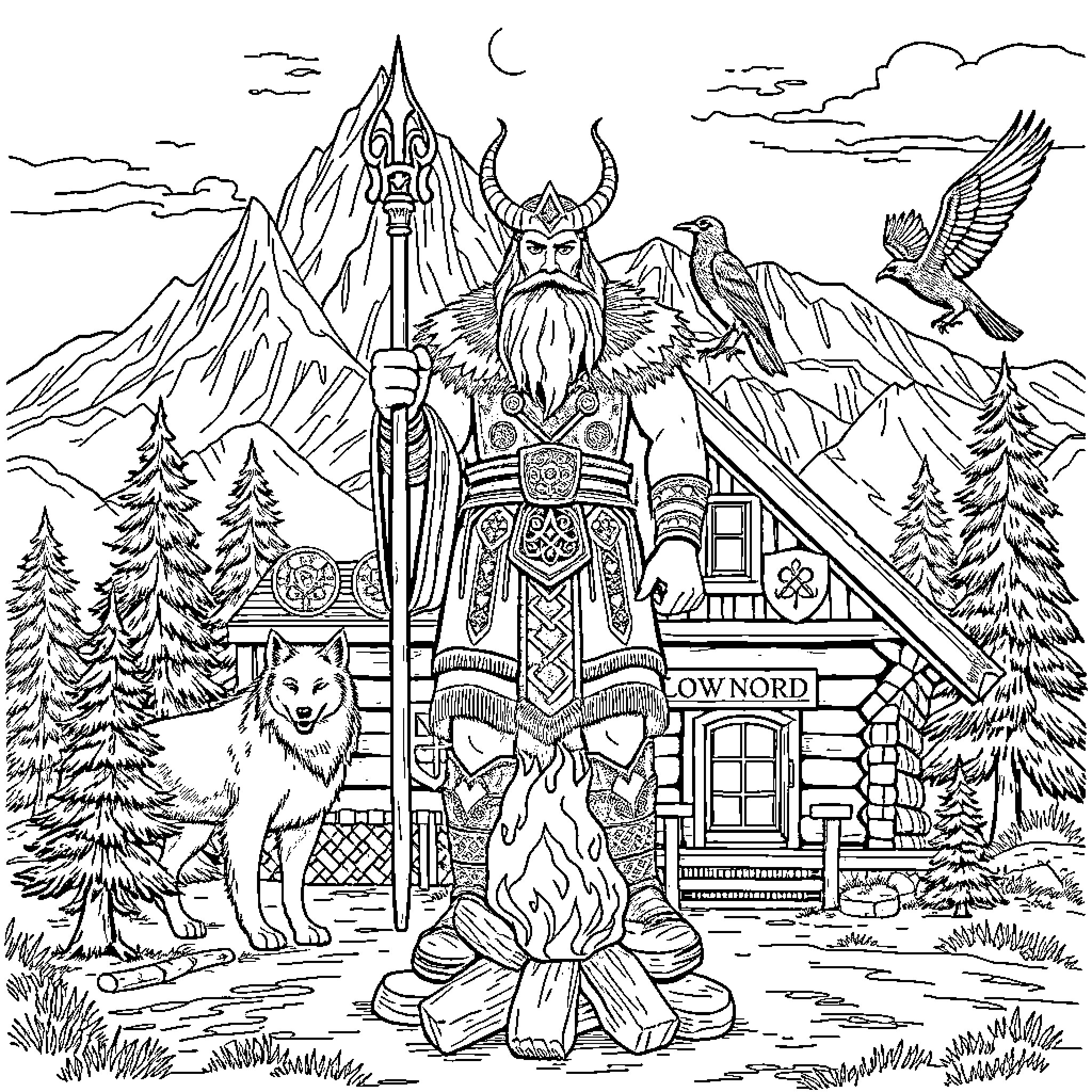 Odin, the All-Father, commanding nature and wildlife Coloring Page (free black-and-white line drawing printable PDF for all, from beginners to advanced learners, including children, teens, adults, and seniors)