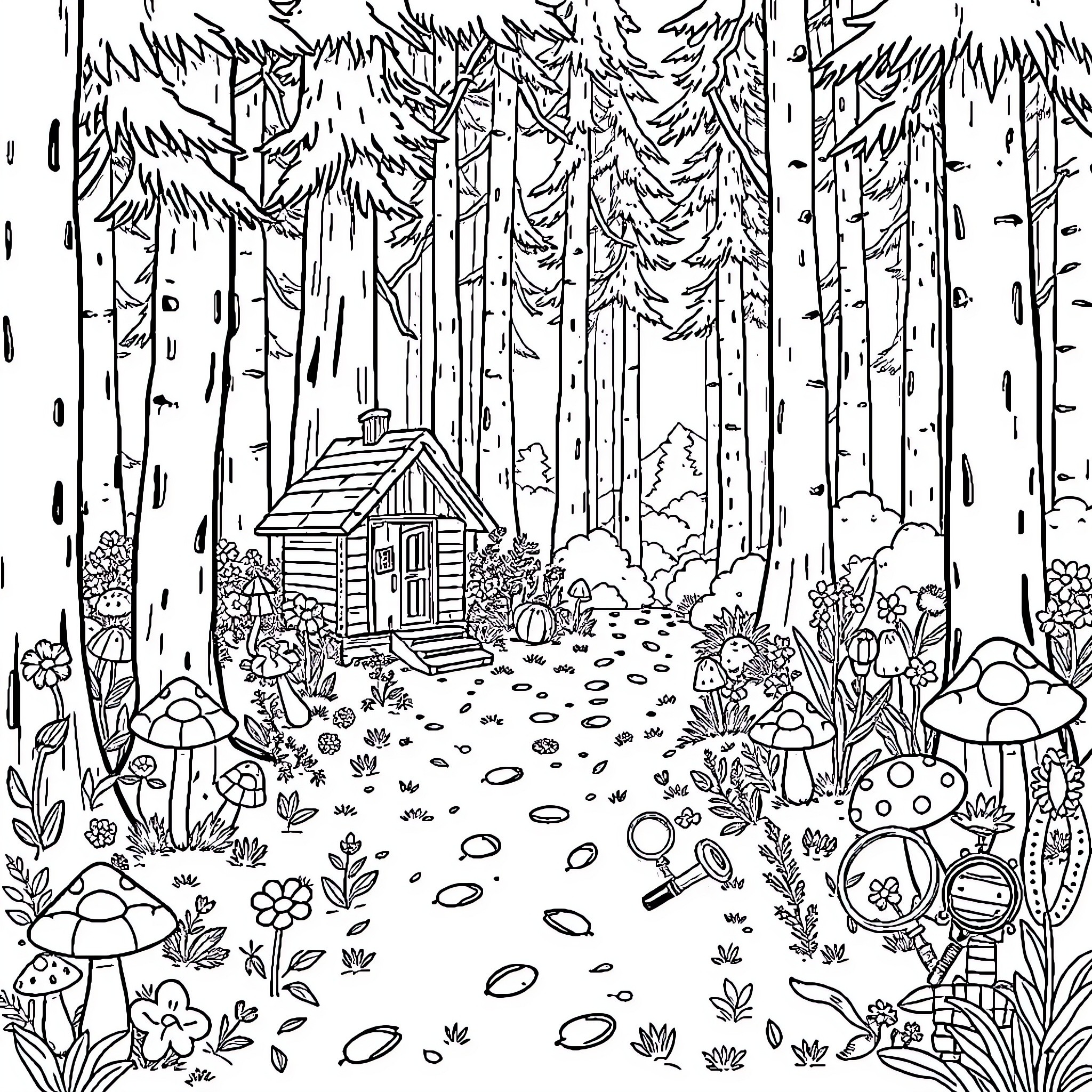 Forest Cabin in Whimsical Woodland Landscape Coloring Page (free black-and-white line drawing printable PDF for all, from beginners to advanced learners, including children, teens, adults, and seniors)