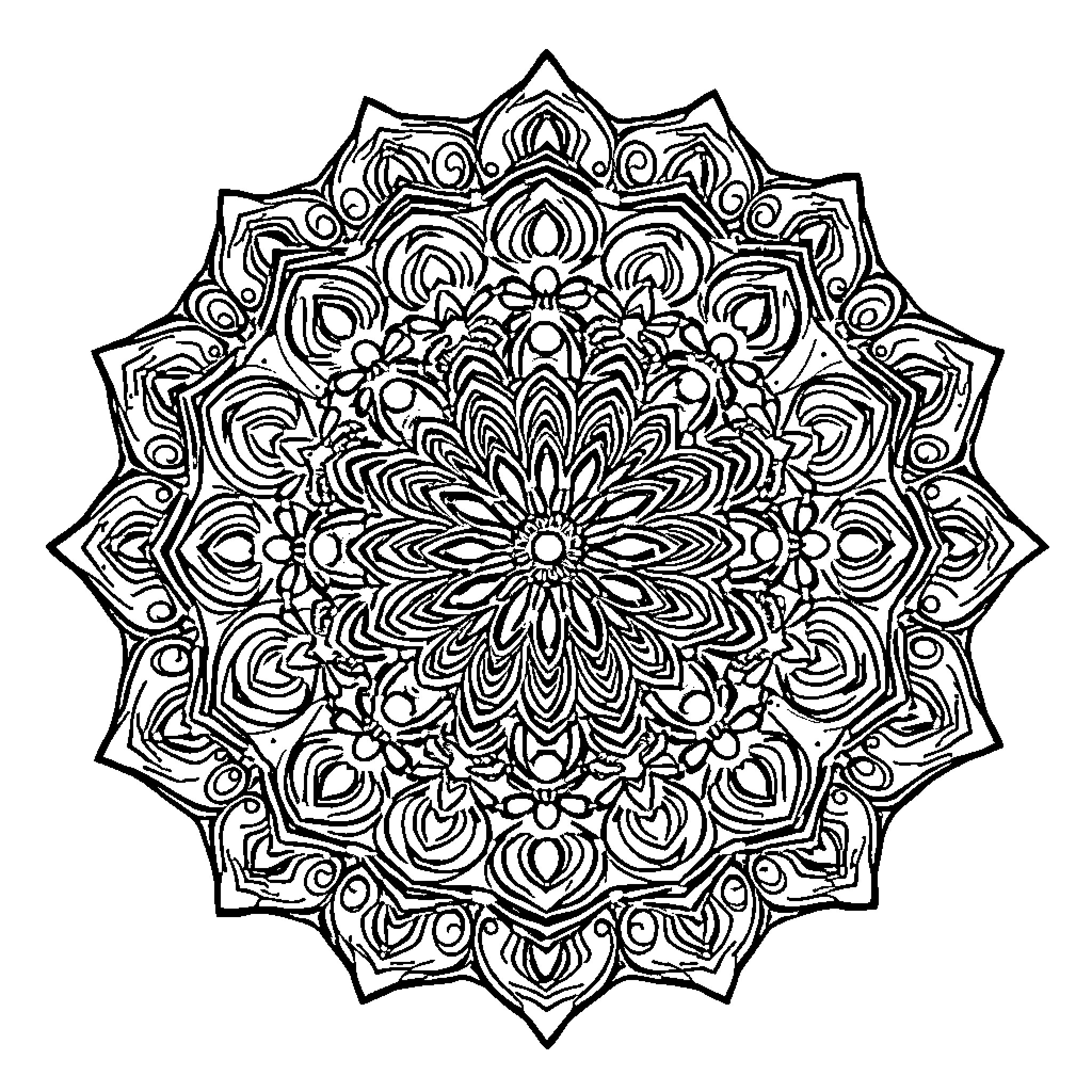 Mandala of intricate floral and geometric patterns Coloring Page (free black-and-white line drawing printable PDF for all, from beginners to advanced learners, including children, teens, adults, and seniors)