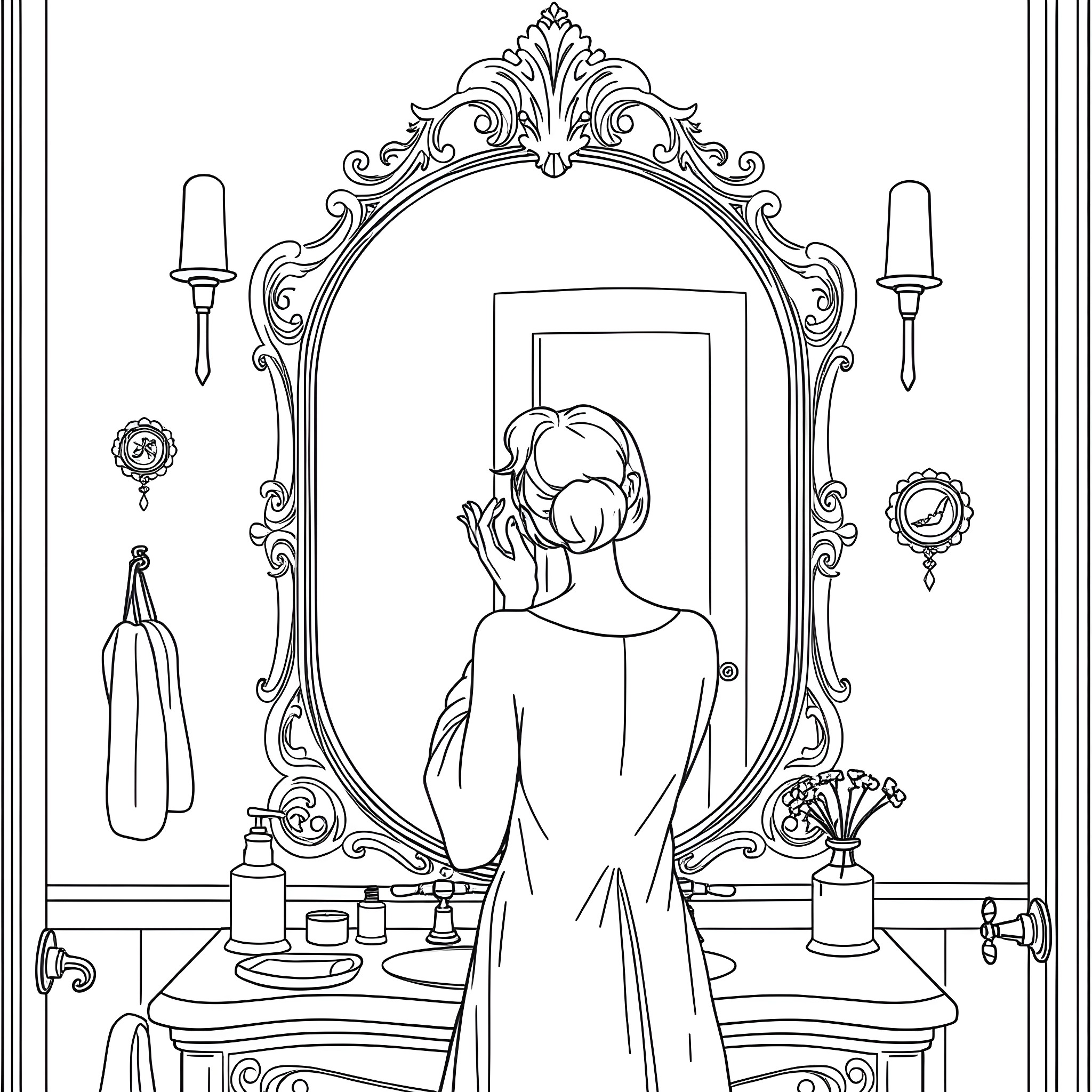 Person admiring reflection in antique mirror Coloring Page (free black-and-white line drawing printable PDF for all, from beginners to advanced learners, including children, teens, adults, and seniors)