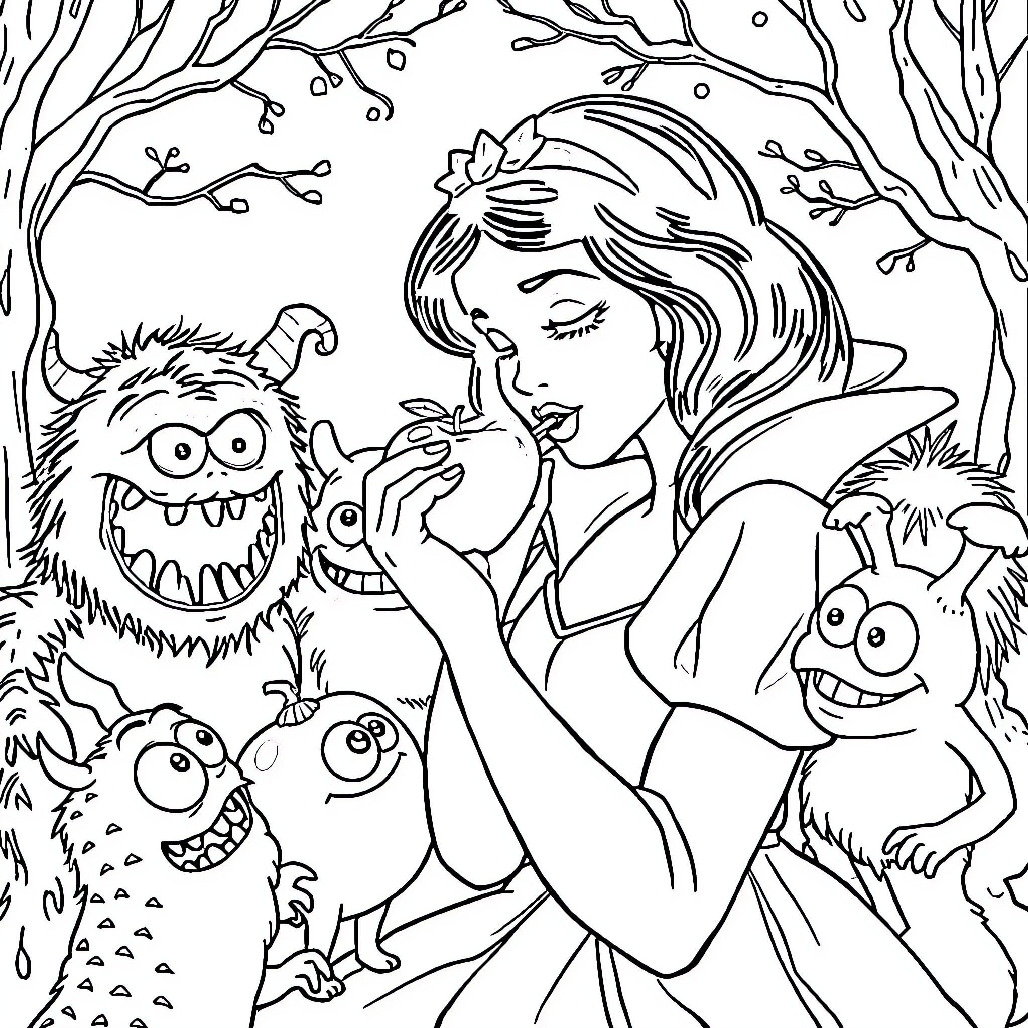 Snow White and her Monstrous Forest Friends Coloring Page (free black-and-white line drawing printable PDF for all, from beginners to advanced learners, including children, teens, adults, and seniors)