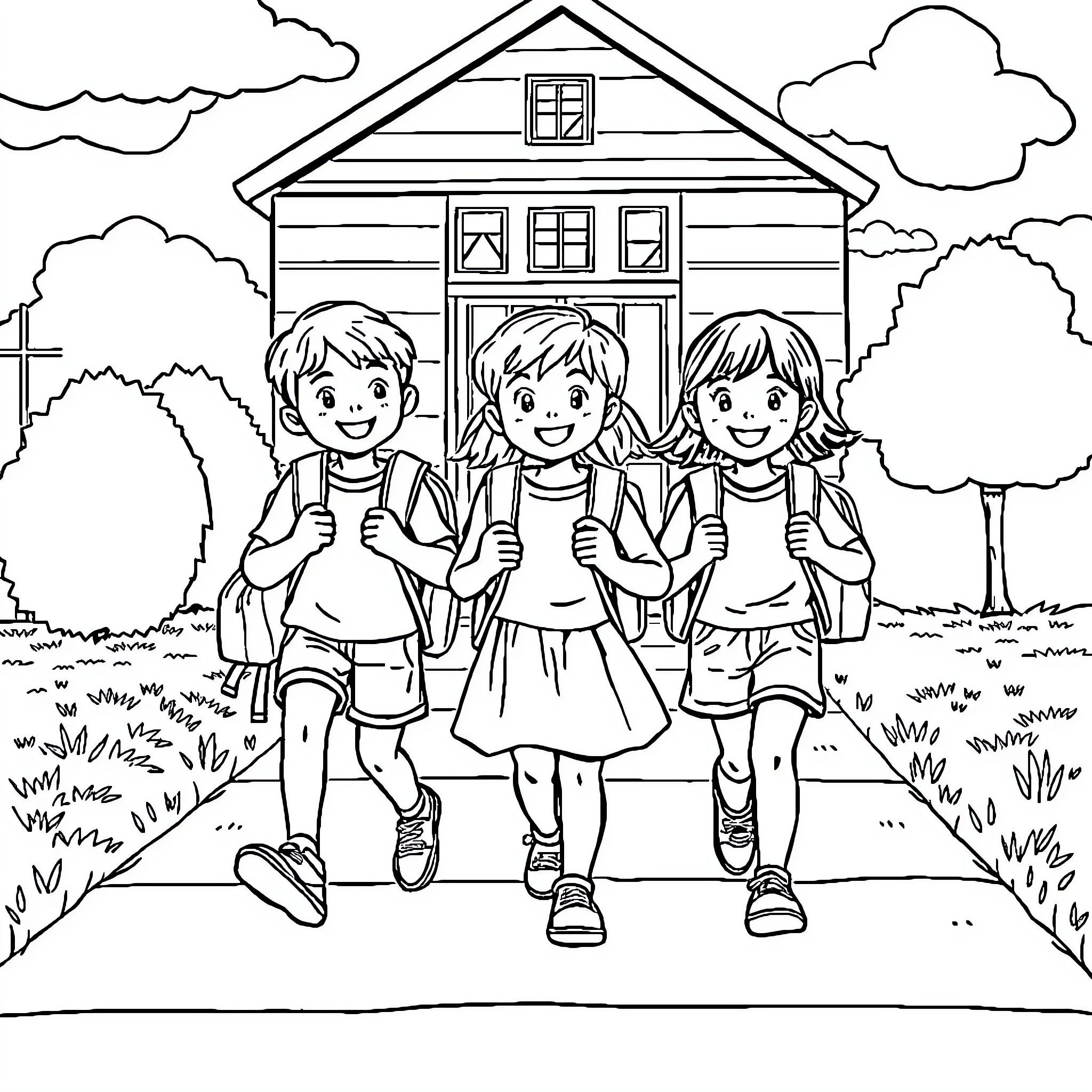 Children walking home from school Coloring Page (free black-and-white line drawing printable PDF for all, from beginners to advanced learners, including children, teens, adults, and seniors)