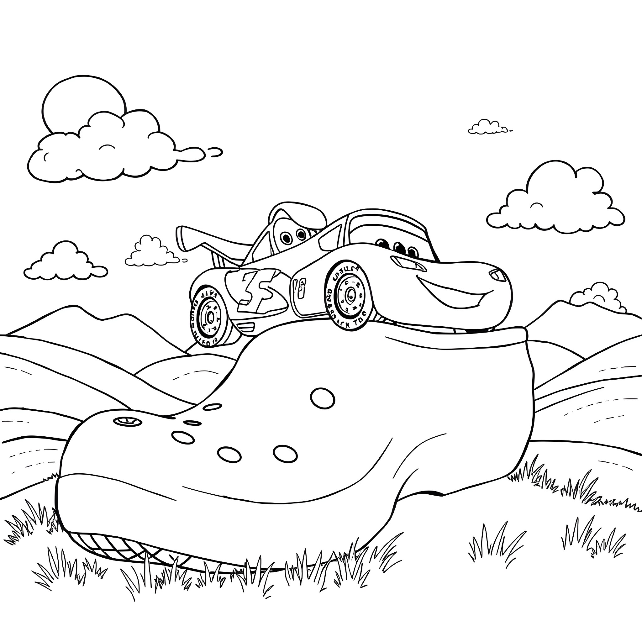 Lightning McQueen's Adventure in the Countryside Coloring Page (free black-and-white line drawing printable PDF for all, from beginners to advanced learners, including children, teens, adults, and seniors)