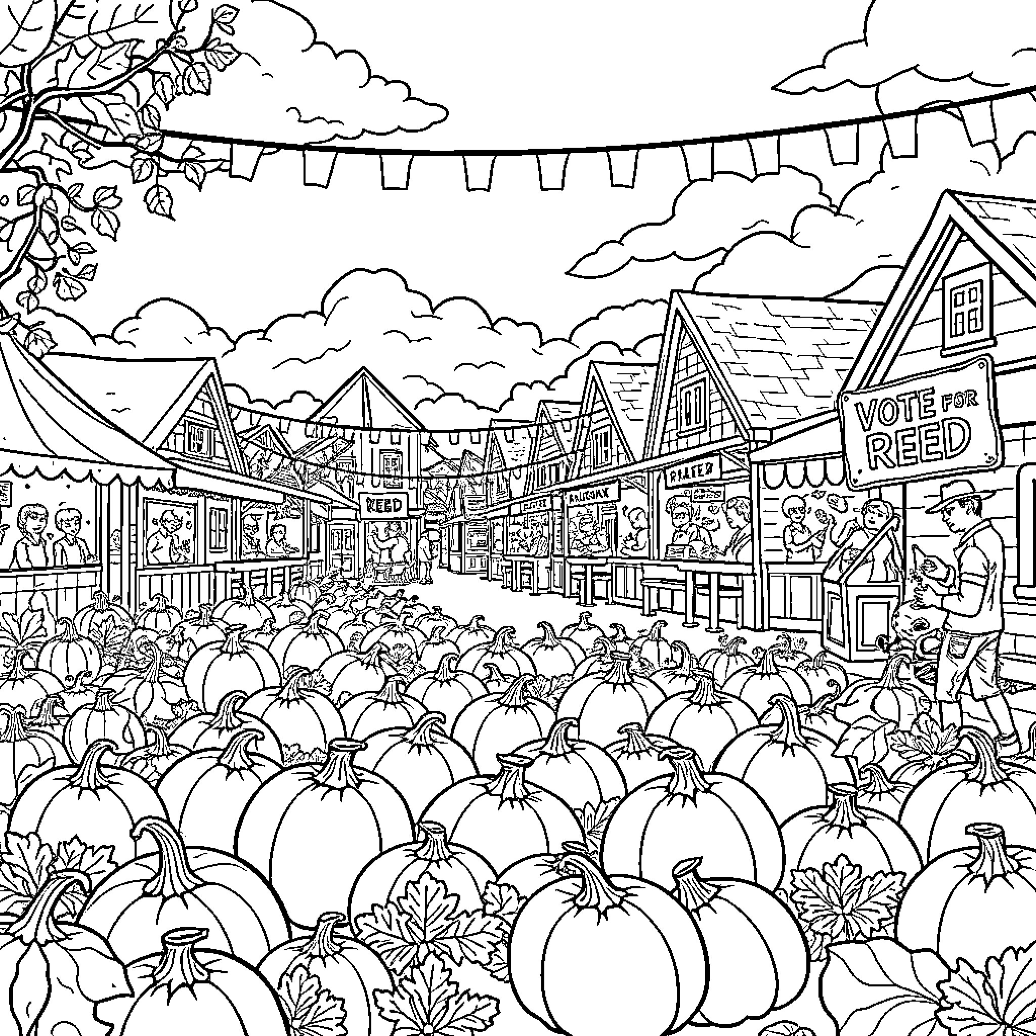 Pumpkin festival with lively crowd and decorations Coloring Page (free black-and-white line drawing printable PDF for all, from beginners to advanced learners, including children, teens, adults, and seniors)