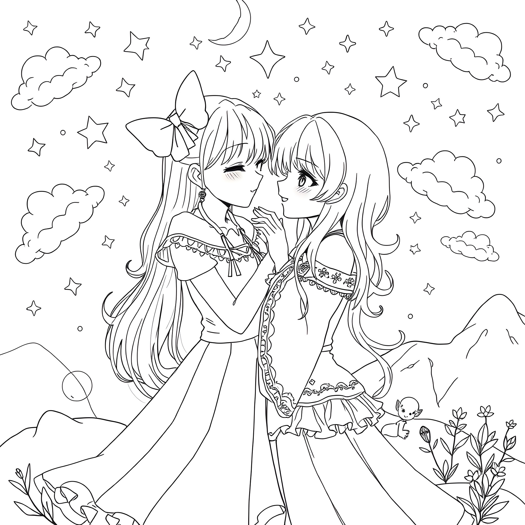 Anime Girls in Starry Night Embrace Coloring Page (free black-and-white line drawing printable PDF for all, from beginners to advanced learners, including children, teens, adults, and seniors)