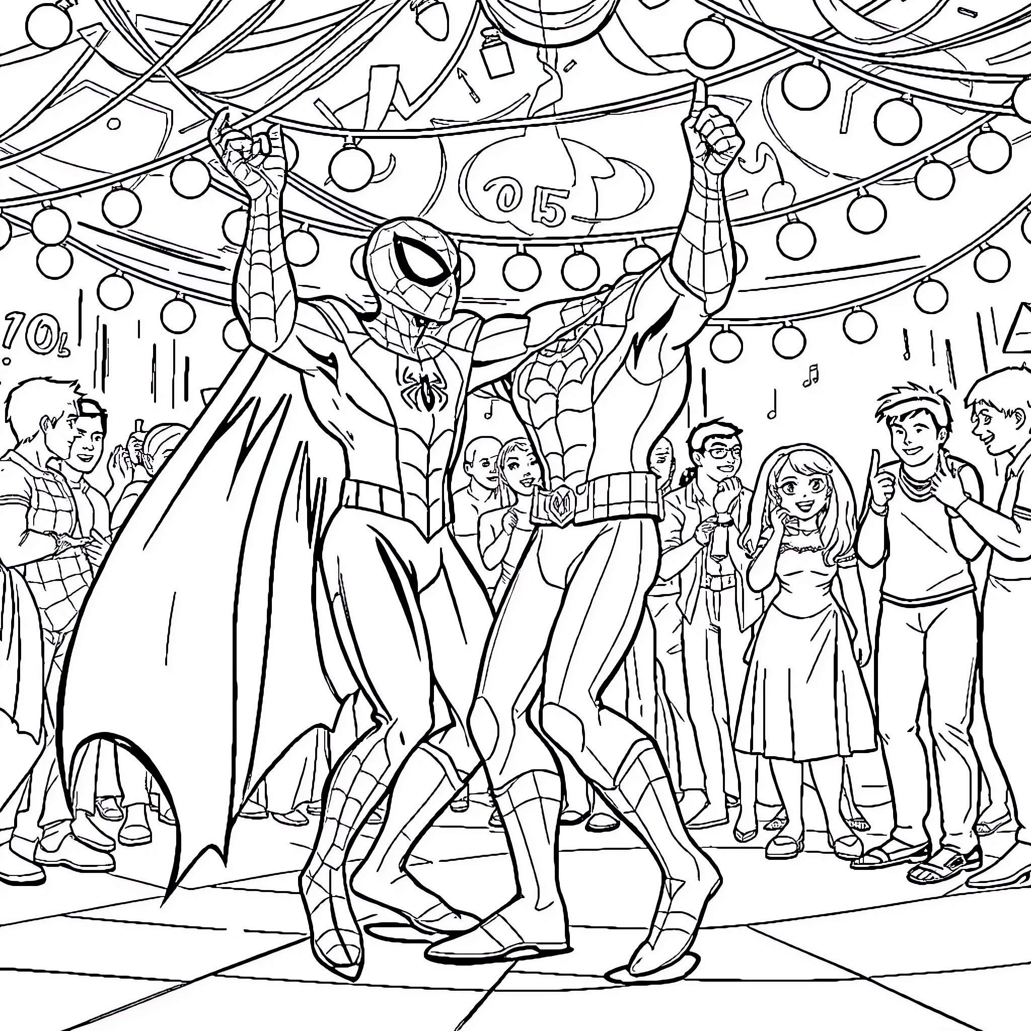 Spiderman Swinging in Festive Celebration Coloring Page (free black-and-white line drawing printable PDF for all, from beginners to advanced learners, including children, teens, adults, and seniors)