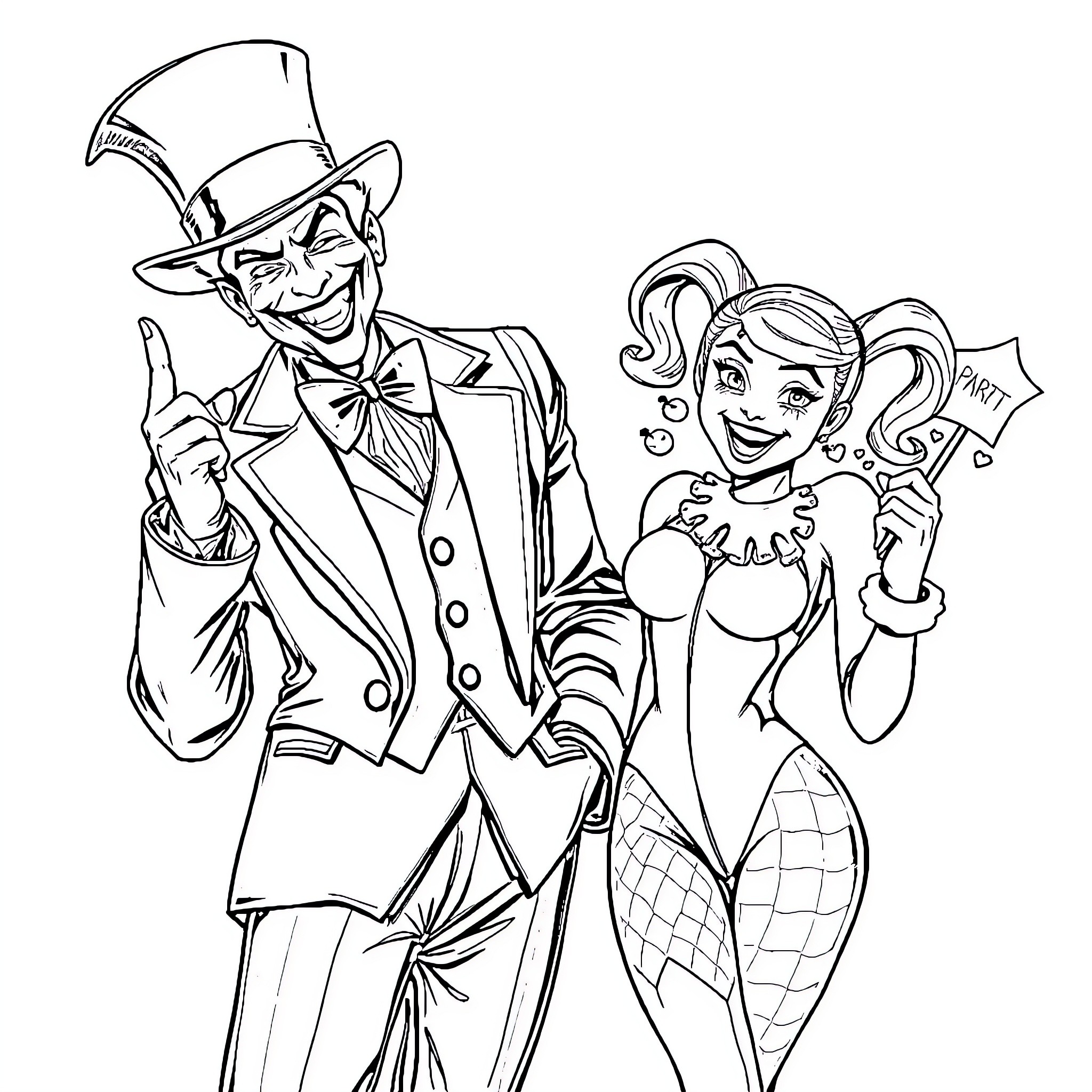 Joker and Jester Celebrating at a Party Coloring Page (free black-and-white line drawing printable PDF for all, from beginners to advanced learners, including children, teens, adults, and seniors)