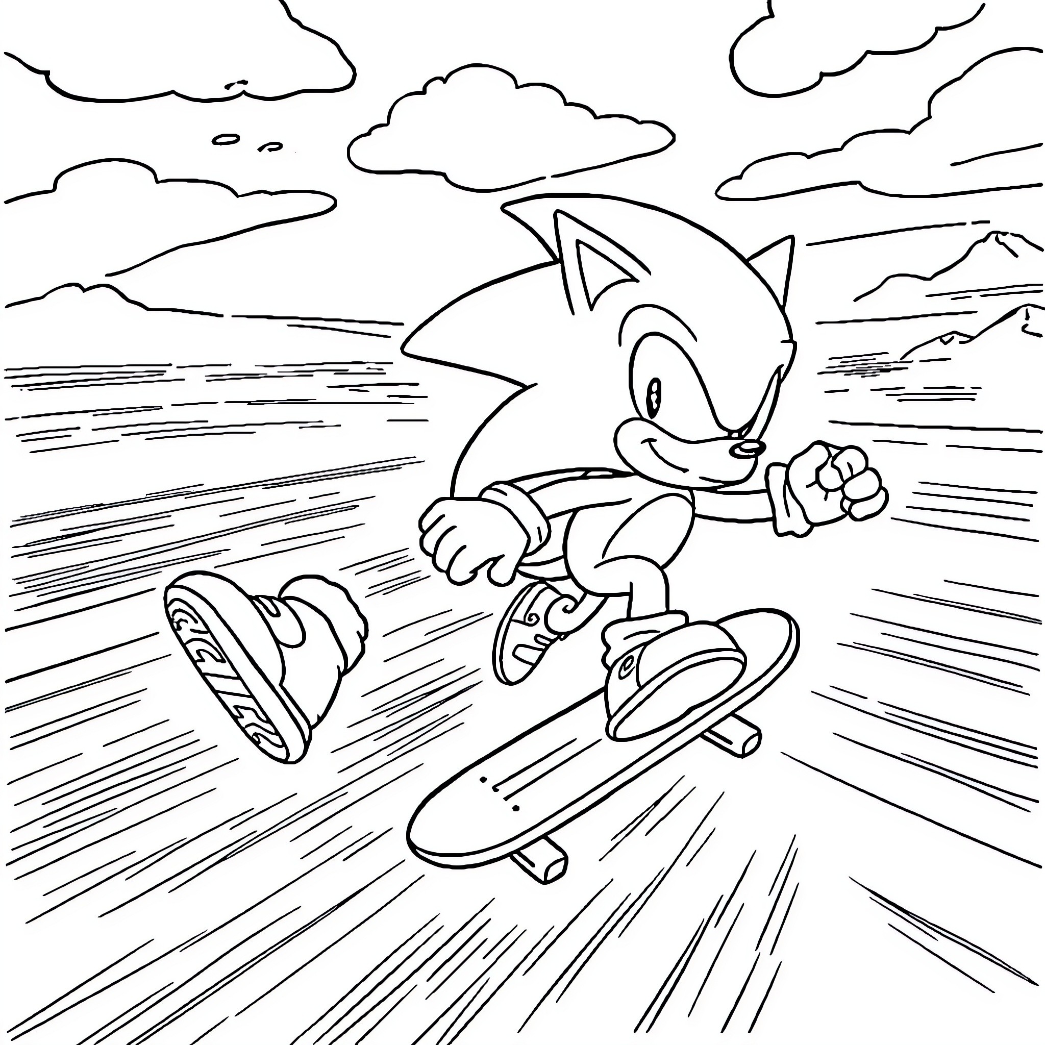 Super Sonic Racing at High Speed Coloring Page (free black-and-white line drawing printable PDF for all, from beginners to advanced learners, including children, teens, adults, and seniors)