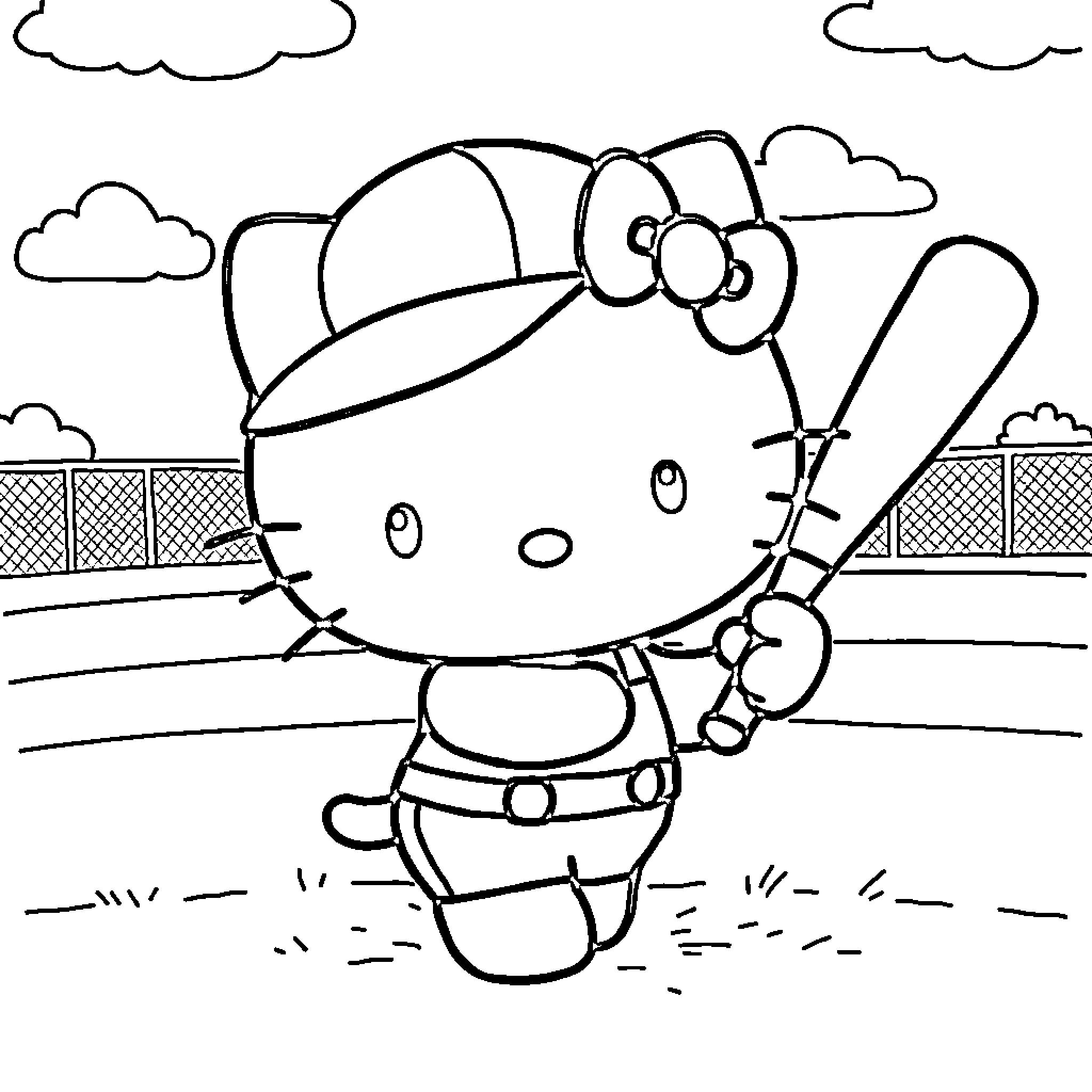 Hello Kitty enjoying a sunny day outdoors Coloring Page (free black-and-white line drawing printable PDF for all, from beginners to advanced learners, including children, teens, adults, and seniors)