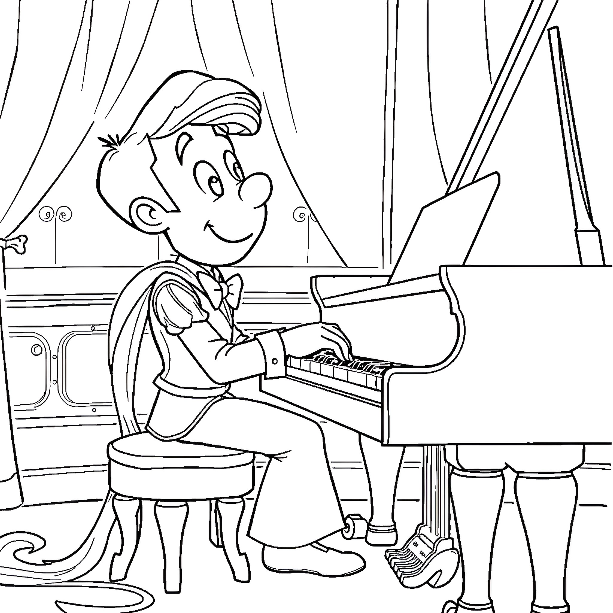 Pasquale plays the piano with joy and enthusiasm Coloring Page (free black-and-white line drawing printable PDF for all, from beginners to advanced learners, including children, teens, adults, and seniors)