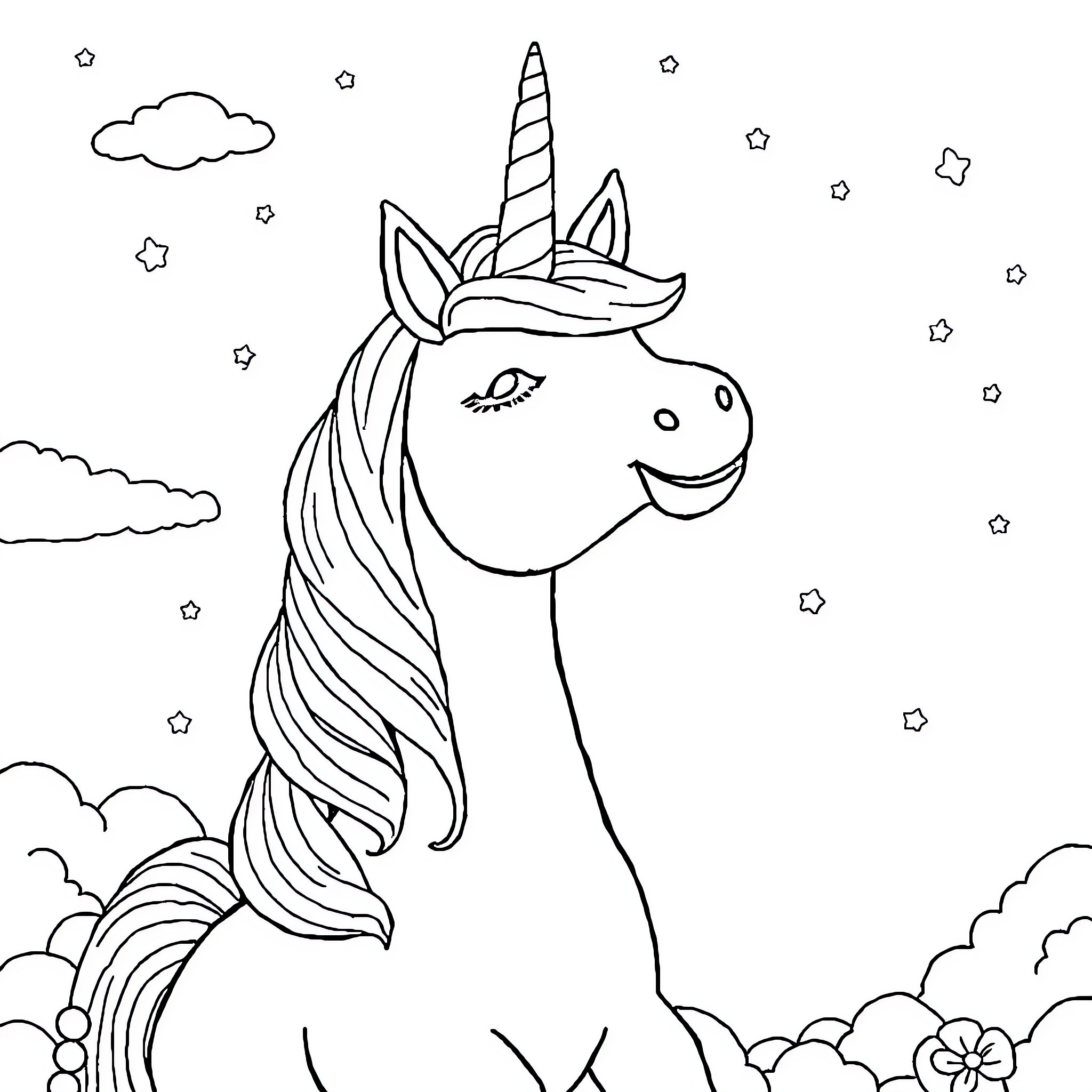 Unicorn smiling in a starry night sky Coloring Page (free black-and-white line drawing printable PDF for all, from beginners to advanced learners, including children, teens, adults, and seniors)