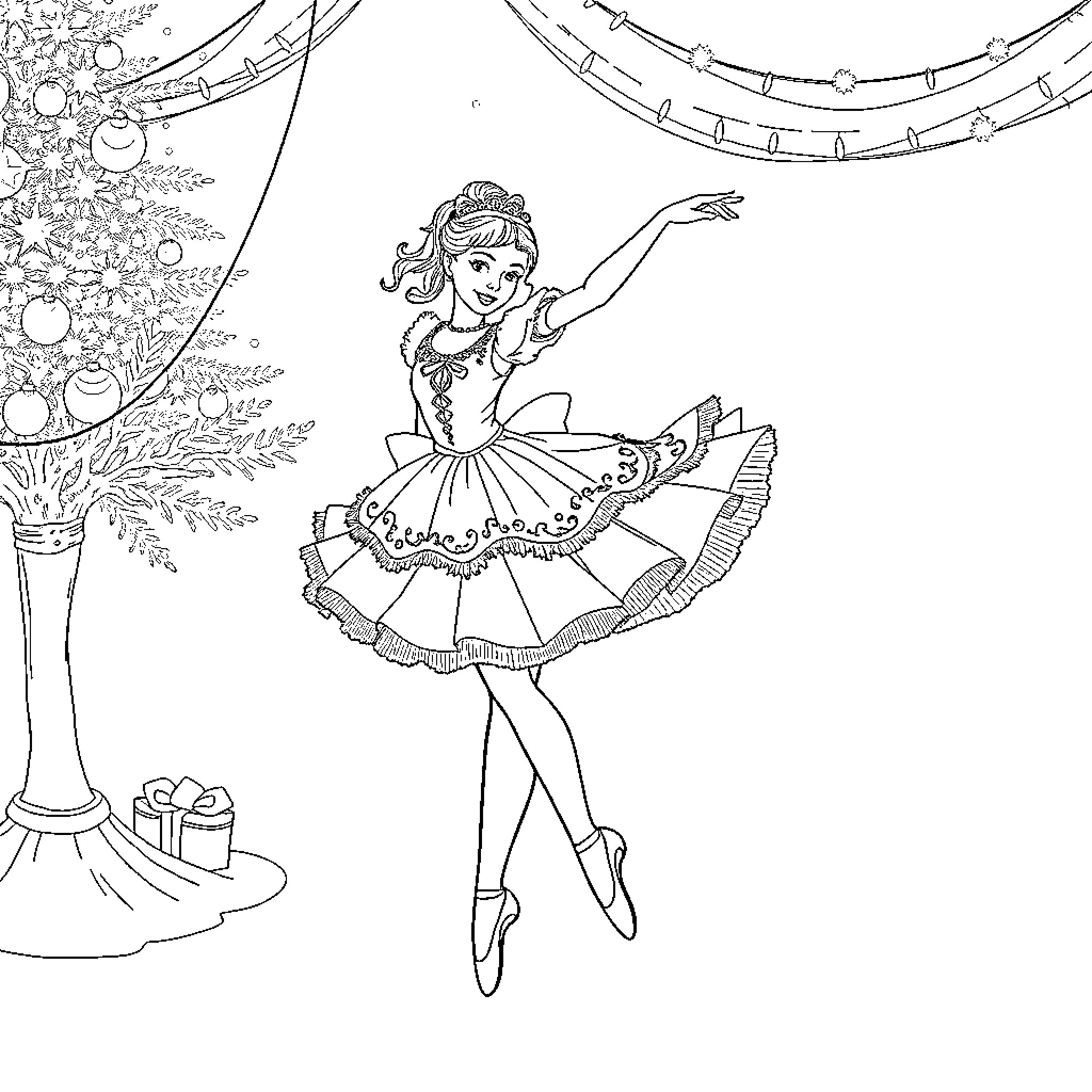 Clara dancing gracefully on the stage Coloring Page (free black-and-white line drawing printable PDF for all, from beginners to advanced learners, including children, teens, adults, and seniors)