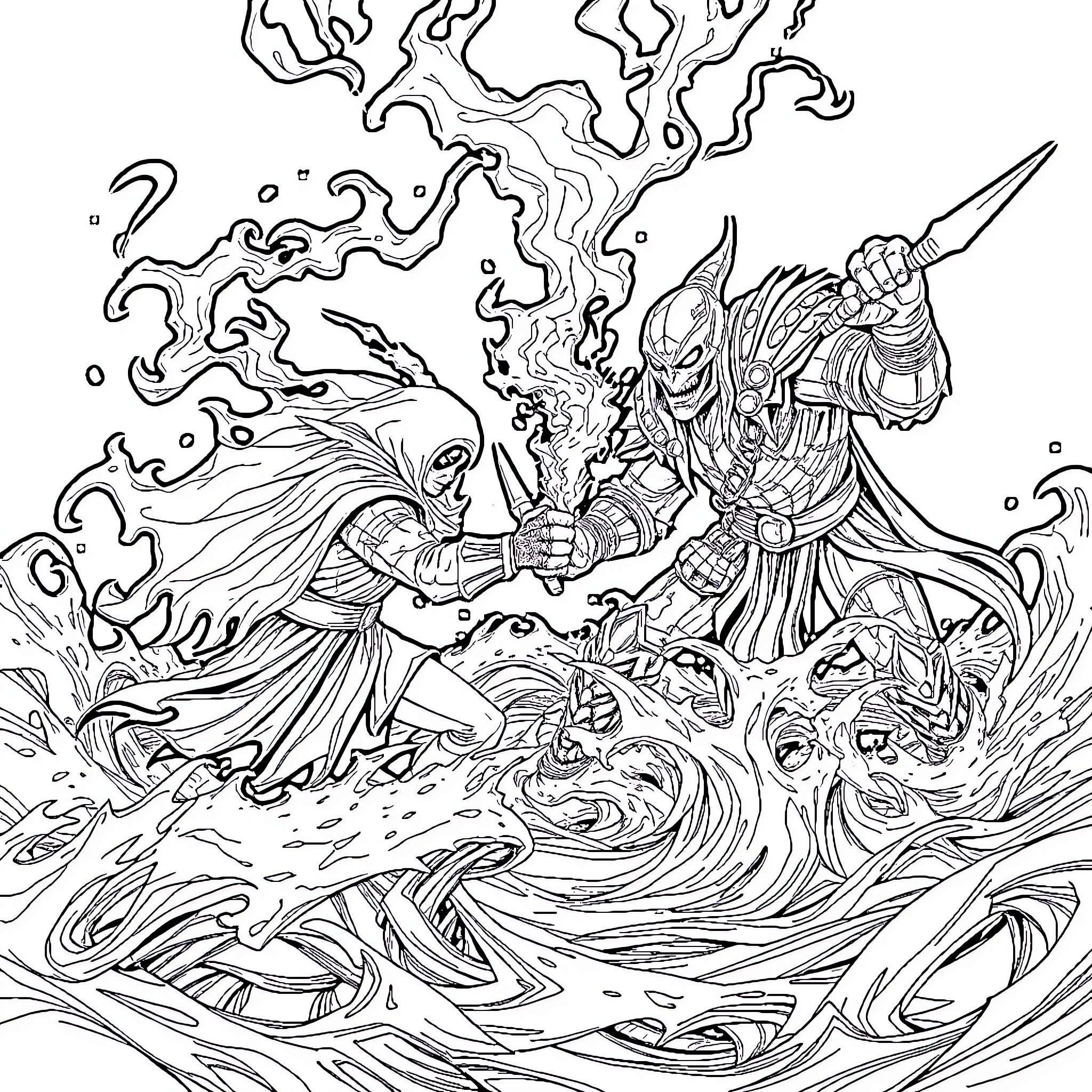 Pyke's Fierce Battle Against the Ethereal Warrior Coloring Page (free black-and-white line drawing printable PDF for all, from beginners to advanced learners, including children, teens, adults, and seniors)