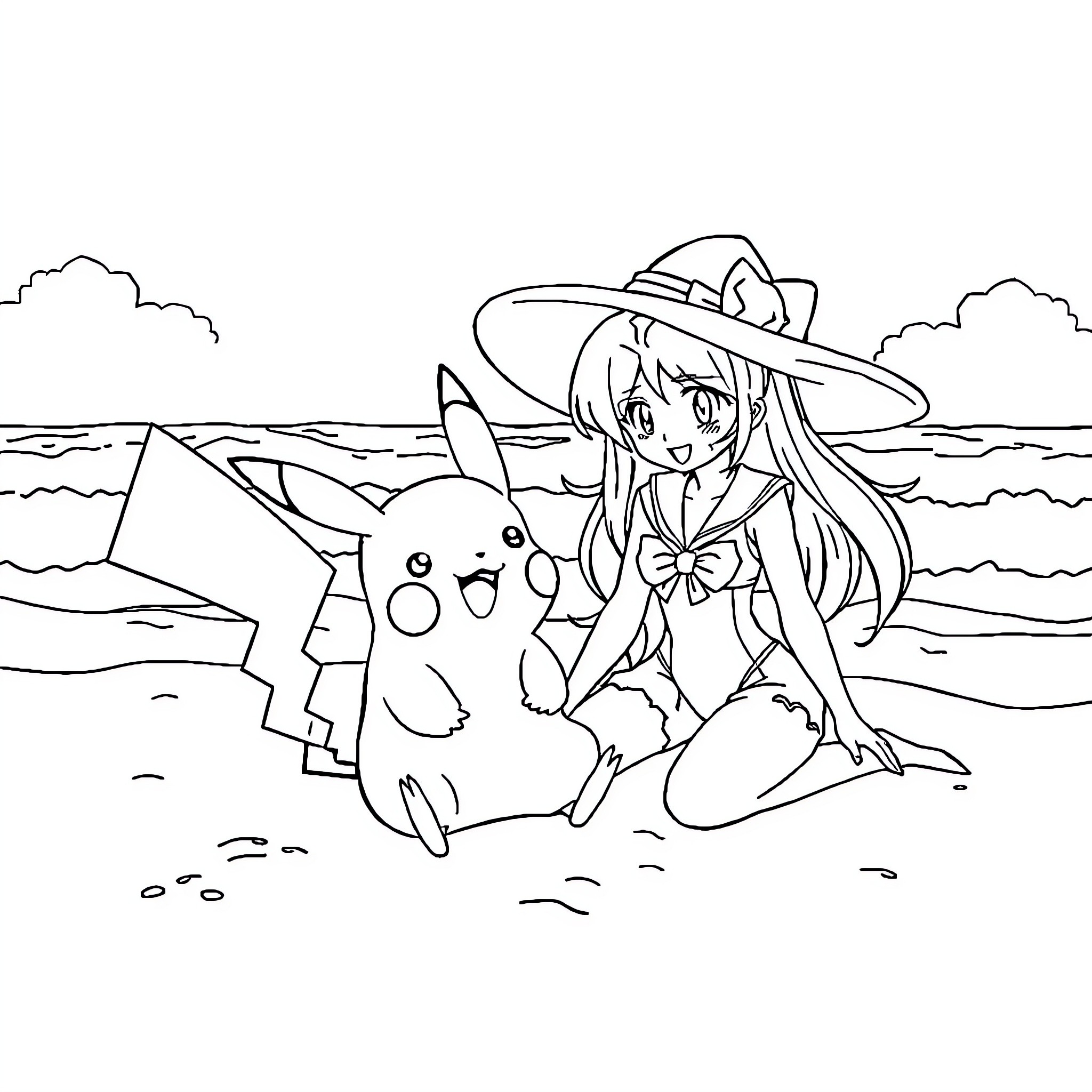 Pikachu playing with a girl on the beach Coloring Page (free black-and-white line drawing printable PDF for all, from beginners to advanced learners, including children, teens, adults, and seniors)