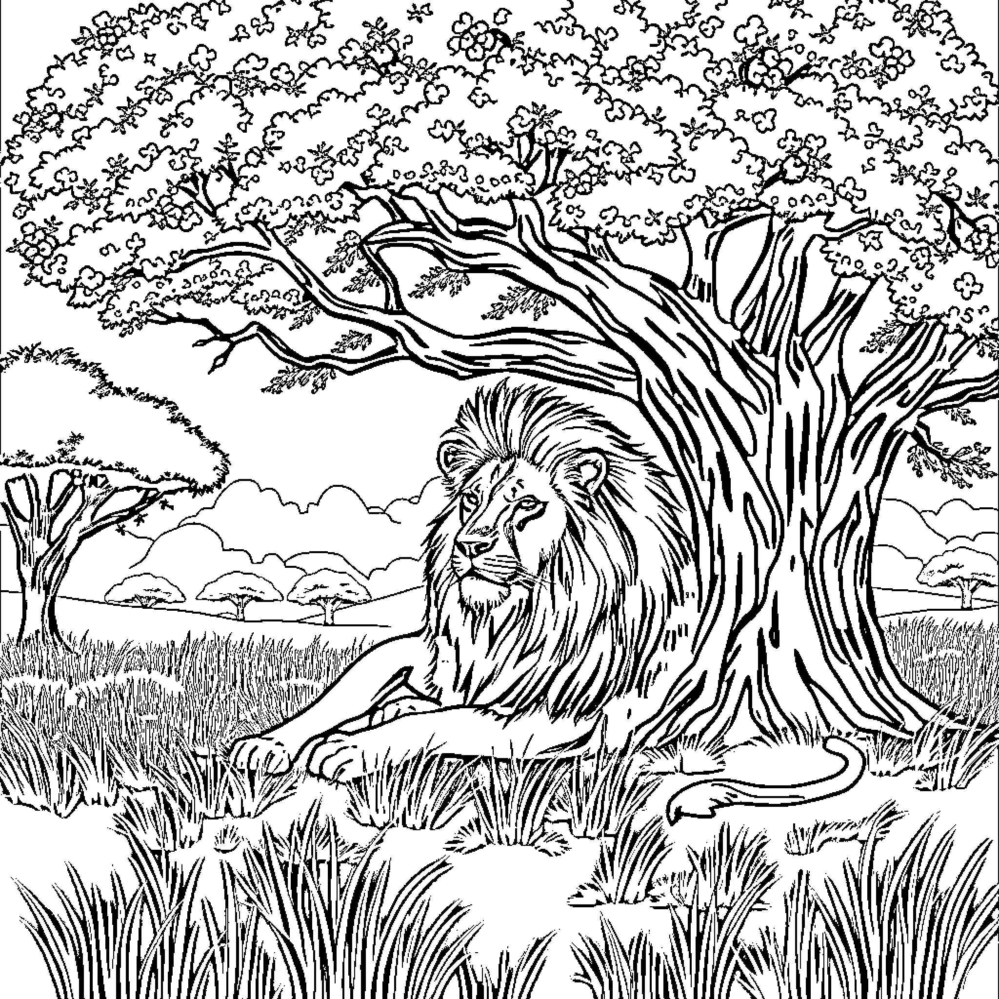 Lion relaxing under majestic tree in nature Coloring Page (free black-and-white line drawing printable PDF for all, from beginners to advanced learners, including children, teens, adults, and seniors)