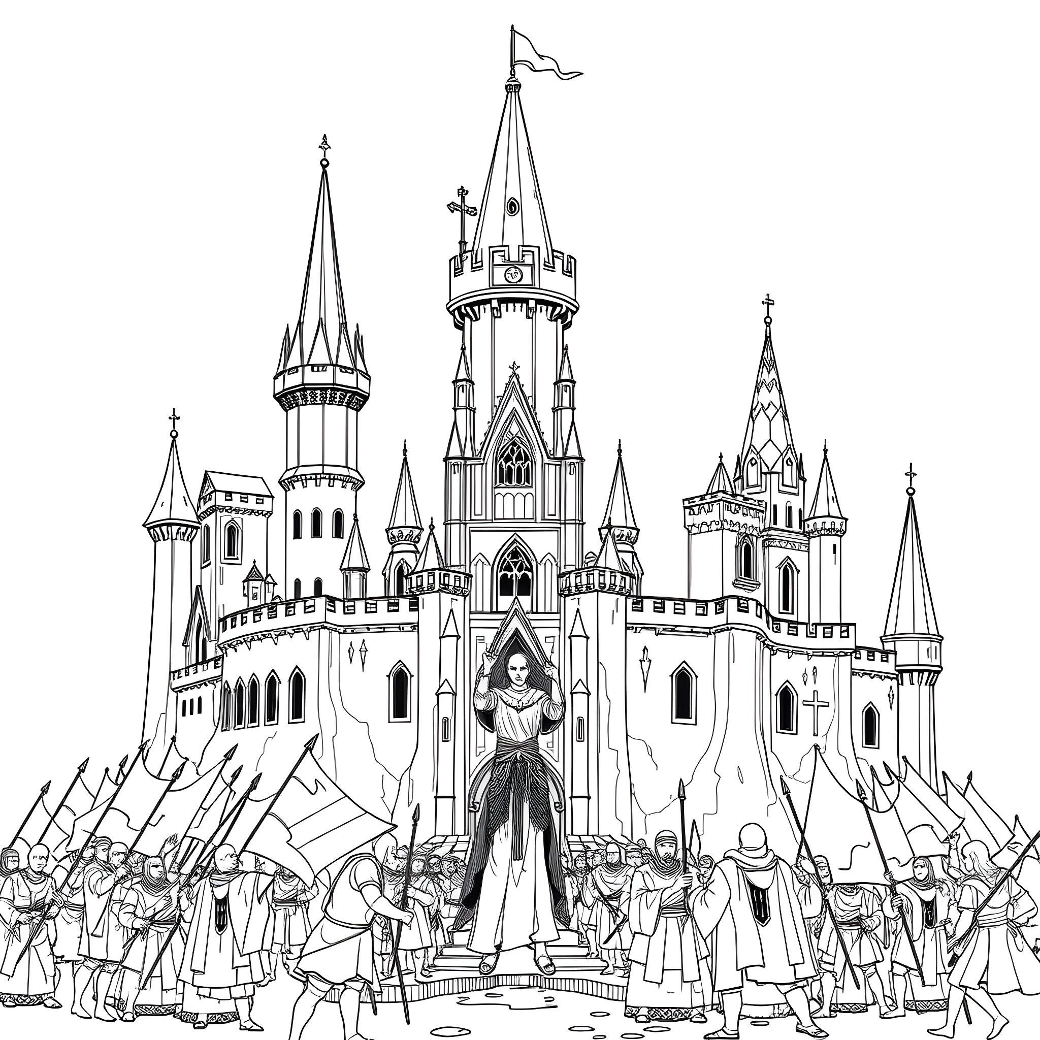 Castle with medieval figures and architecture Coloring Page (free black-and-white line drawing printable PDF for all, from beginners to advanced learners, including children, teens, adults, and seniors)